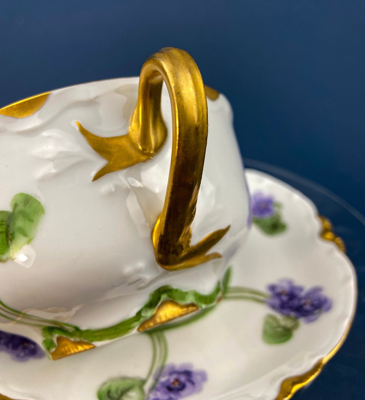 Antique Limoges Tea Cup and Saucer. Hand-Painted Porcelain by Haviland, France. Violet Clusters Motif. Highly Collectible.