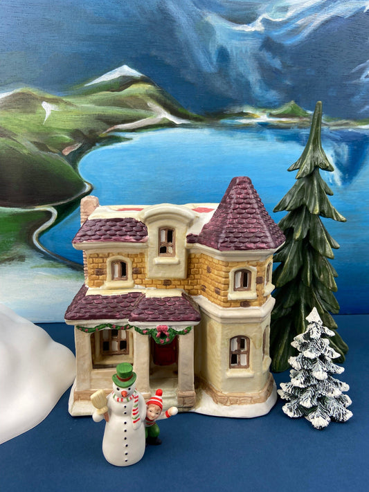 Illuminated Porcelain House. Medium-Sized Rustic Brick House with Red Roof for Christmas Village. Holiday Accessory. Traditional Home Decor
