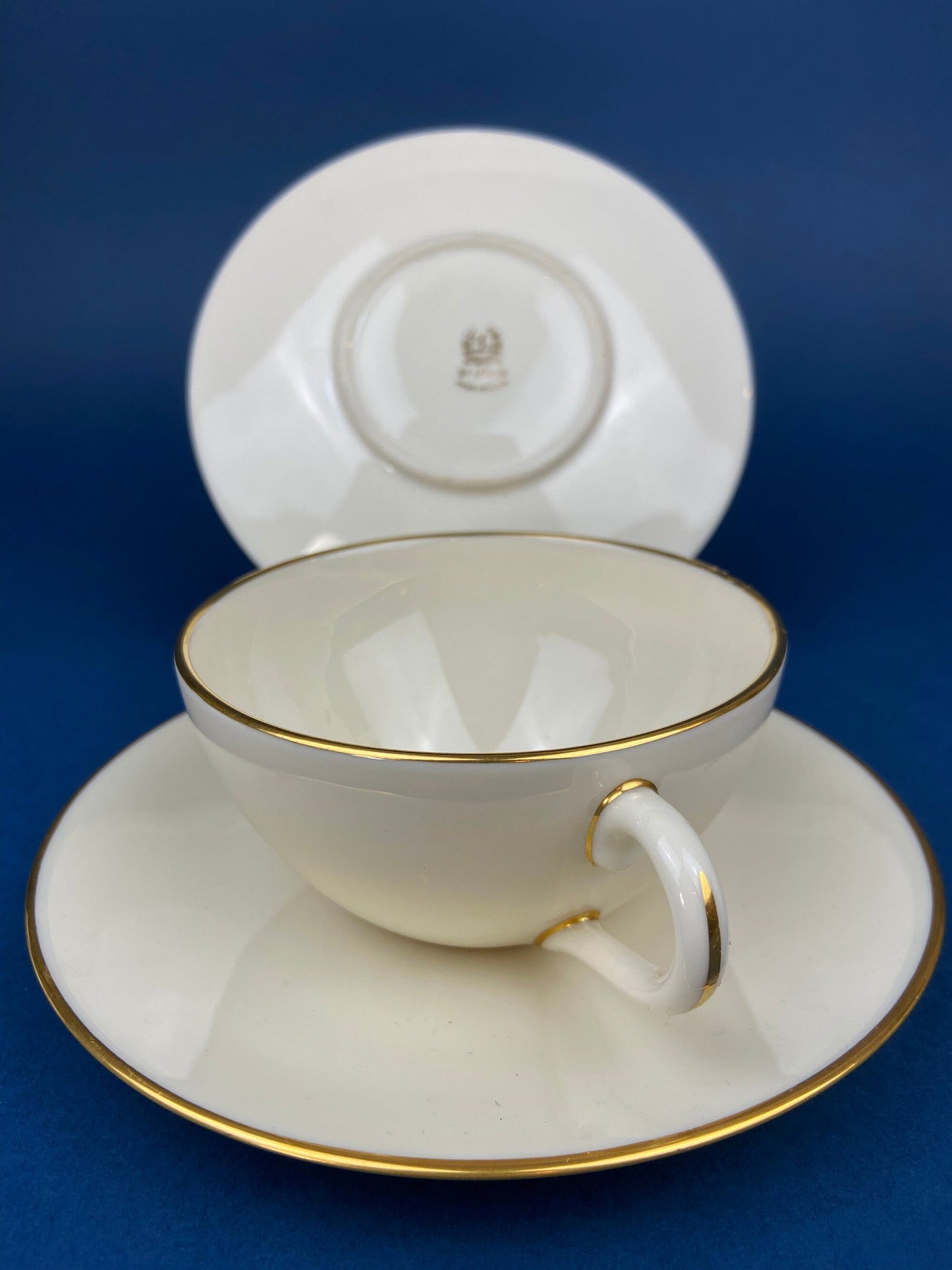 Vintage Tea Cup and Saucer Trio. Creamy White with Gold Rim. Olympia by Lenox. Porcelain Set of Three: Cup, Saucer, & 8" Dessert Plate.
