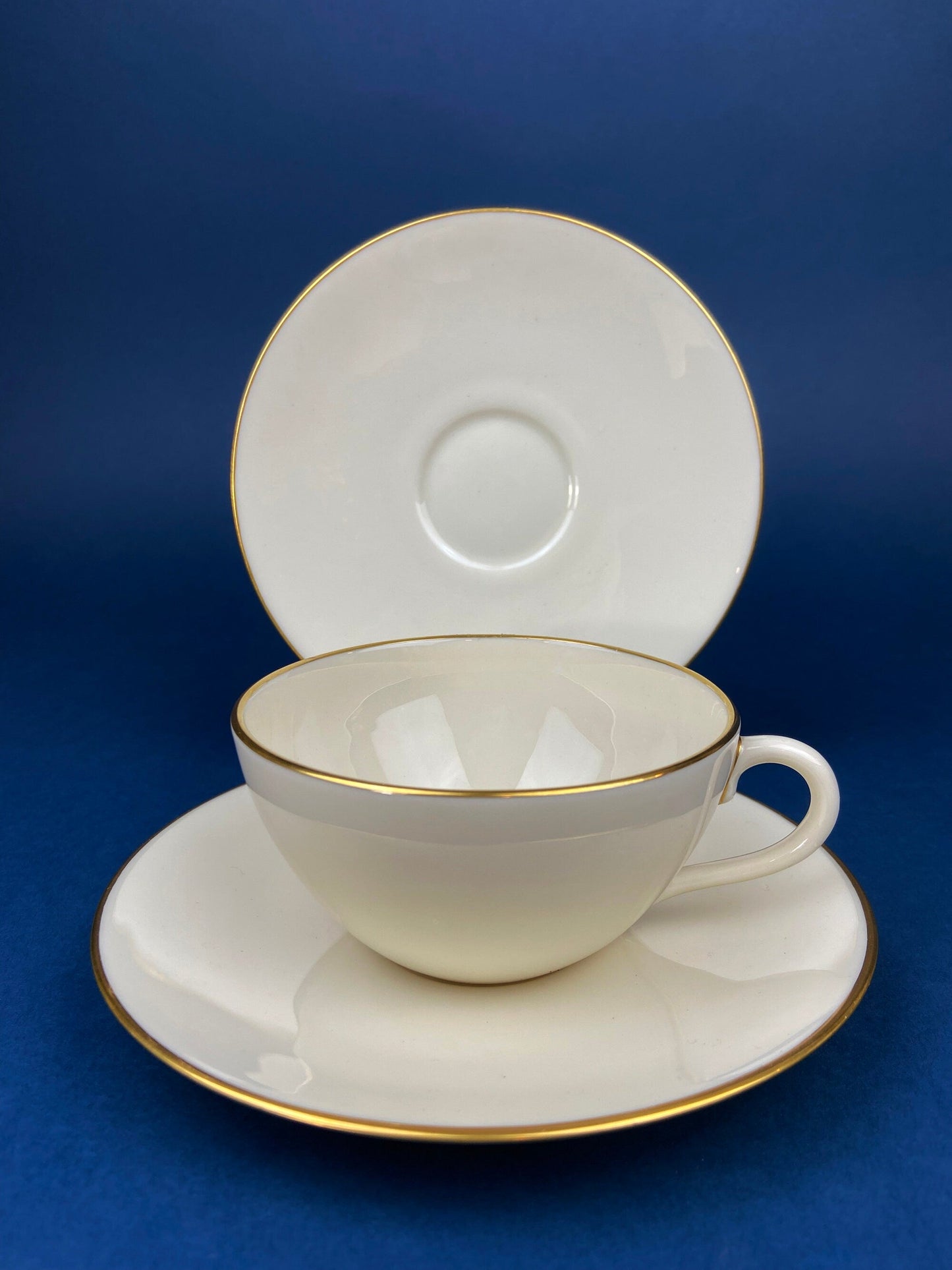 Vintage Tea Cup and Saucer Trio. Creamy White with Gold Rim. Olympia by Lenox. Porcelain Set of Three: Cup, Saucer, & 8" Dessert Plate.