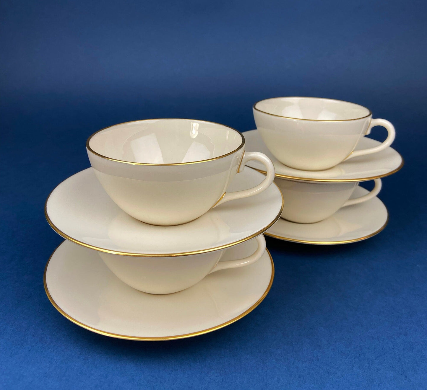 Vintage Tea Cup and Saucer Trio. Creamy White with Gold Rim. Olympia by Lenox. Porcelain Set of Three: Cup, Saucer, & 8" Dessert Plate.