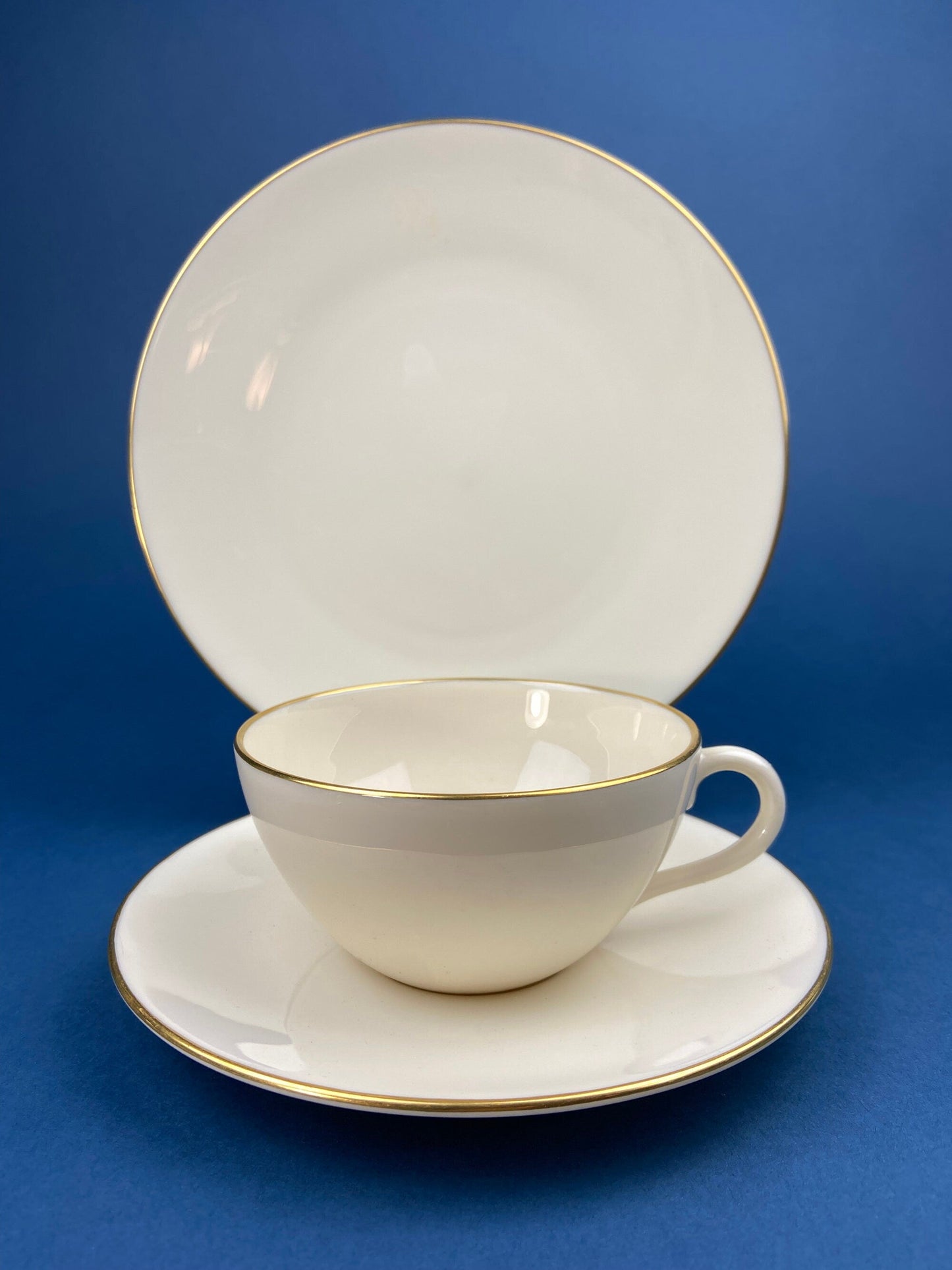 Vintage Tea Cup and Saucer Trio. Creamy White with Gold Rim. Olympia by Lenox. Porcelain Set of Three: Cup, Saucer, & 8" Dessert Plate.