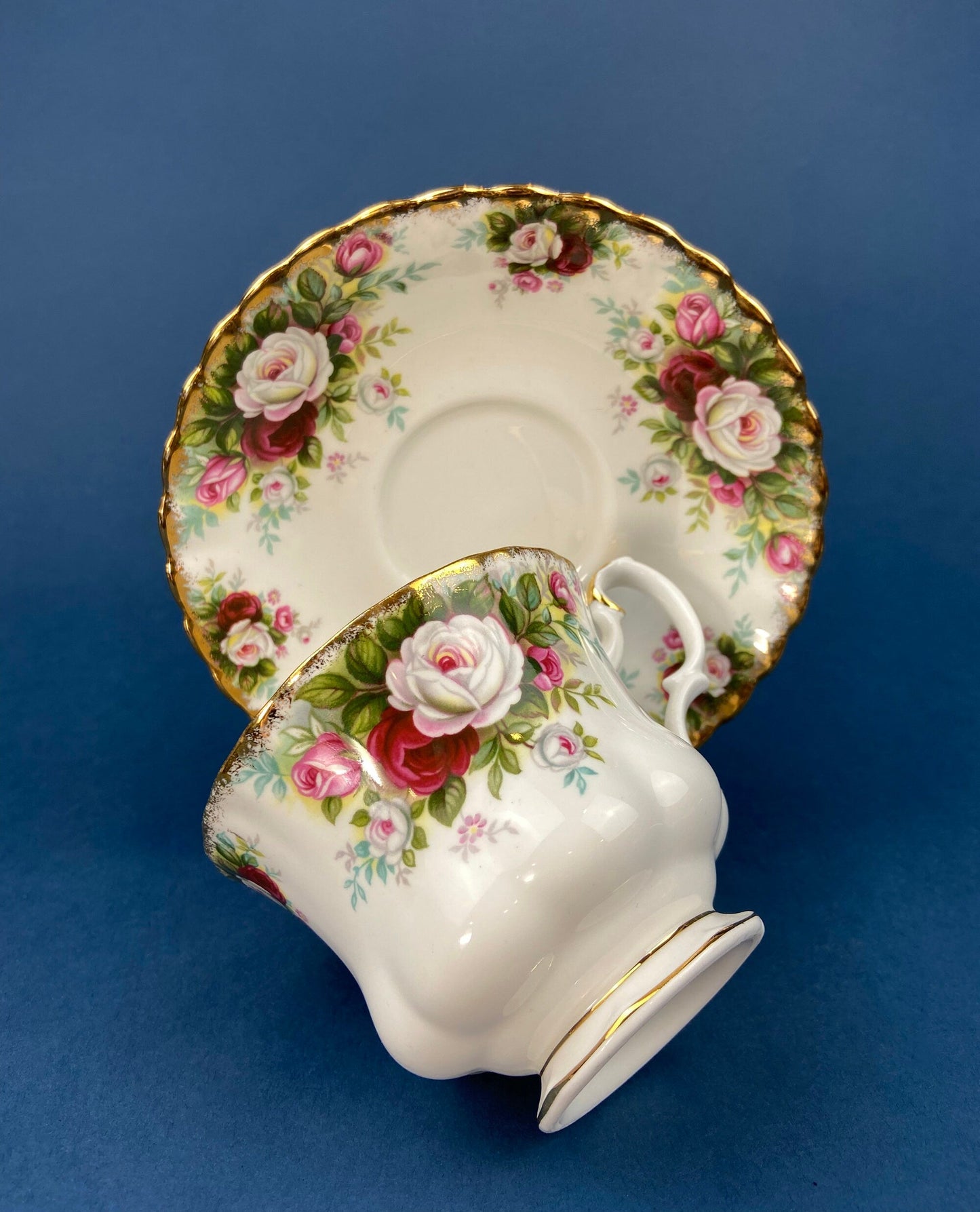 Royal Albert Cup and Saucer. Celebration Motif Tea/Coffee Set. Red, Pink & White Roses. Made in England. Collectibles. Gift for Her.