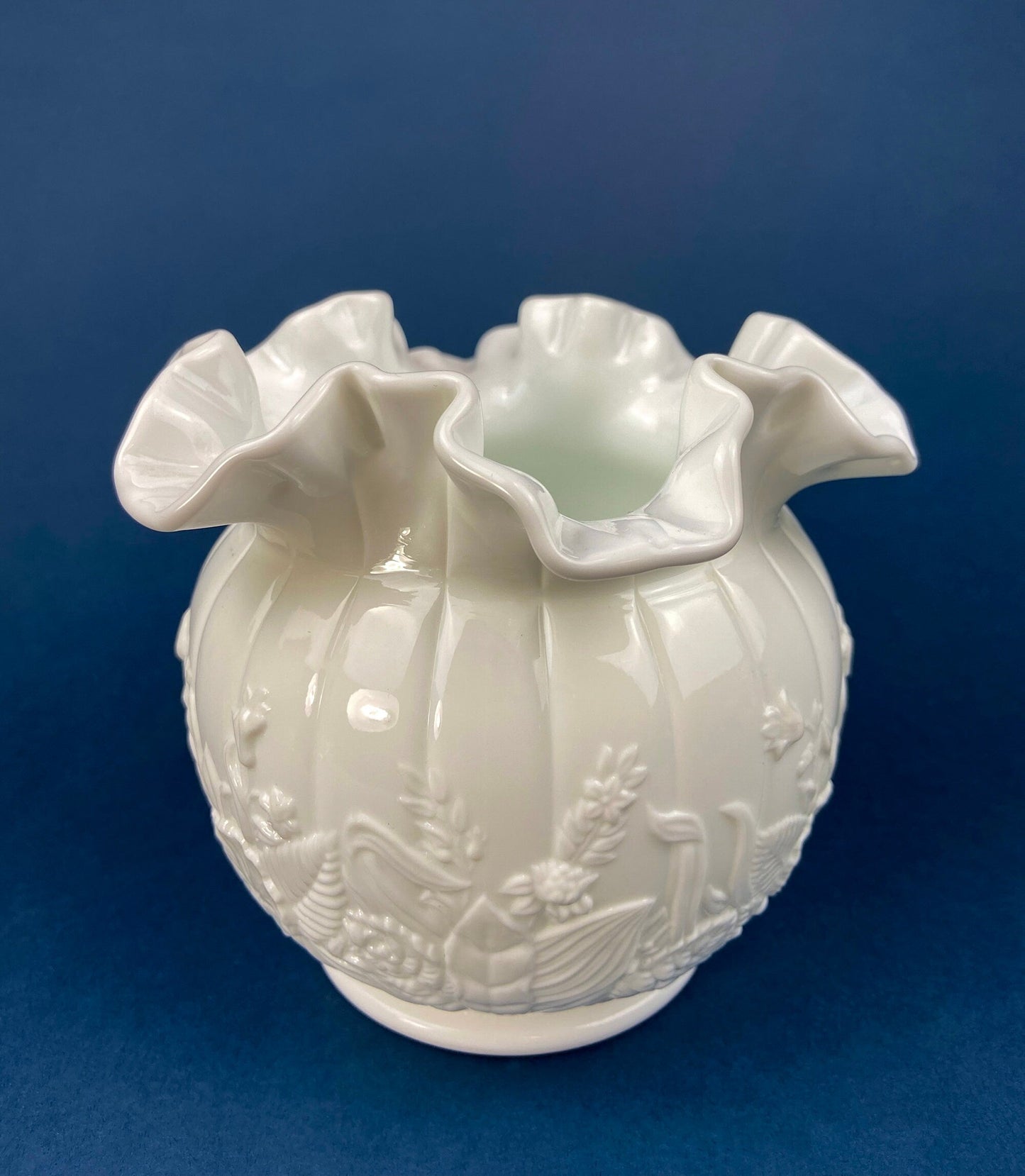 Fenton Milk Glass Vase. Vase with Embossed Wild Flowers and Ruffled Edge. White Bedroom Decor. Collectible Milk Glass.