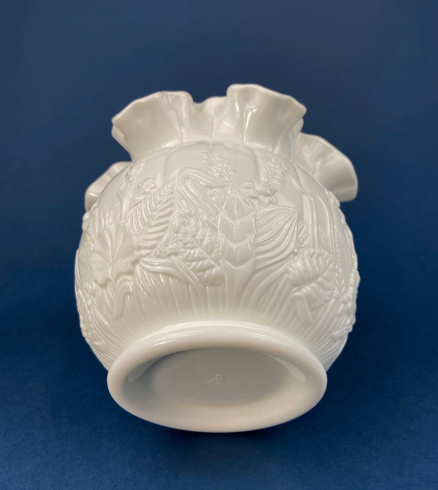 Fenton Milk Glass Vase. Vase with Embossed Wild Flowers and Ruffled Edge. White Bedroom Decor. Collectible Milk Glass.