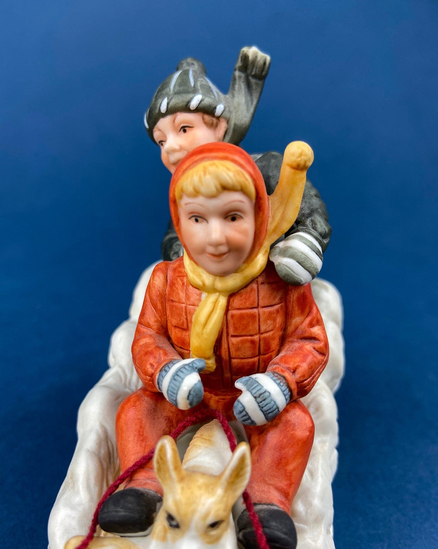 Kids & Dog on Sled Porcelain Figurine. Christmas. Downhill Racer. Inspired by Norman Rockwell. Museum Collections. Snow King. Collectibles.