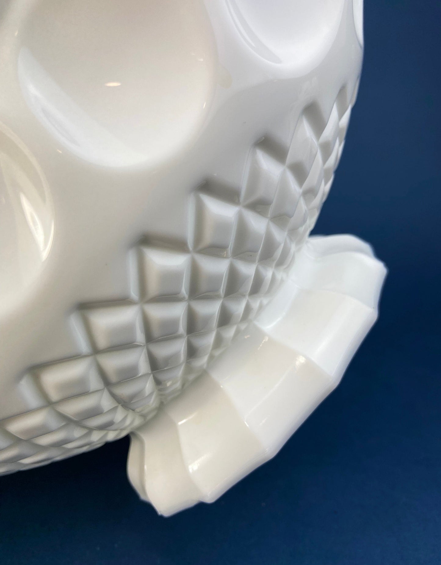 Milk Glass Basket. Large, Pinched Basket with Waffle Pattern, Embossed Circles, and Lacey Edge. Fruit Basket. Table Centerpiece.