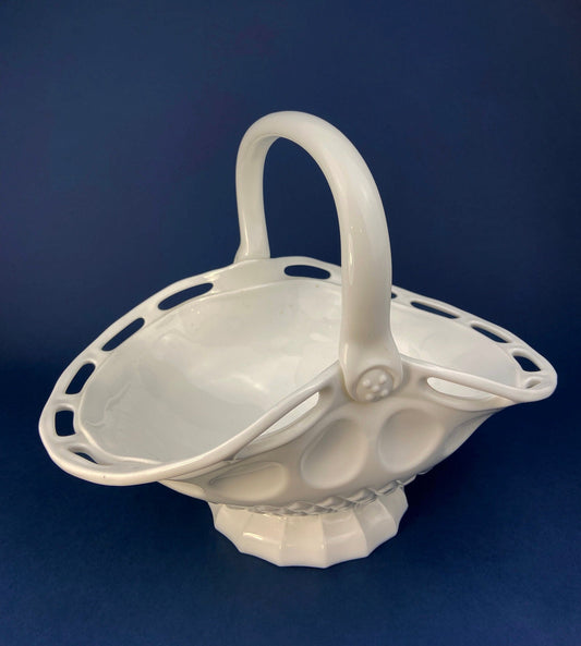 Milk Glass Basket. Large, Pinched Basket with Waffle Pattern, Embossed Circles, and Lacey Edge. Fruit Basket. Table Centerpiece.