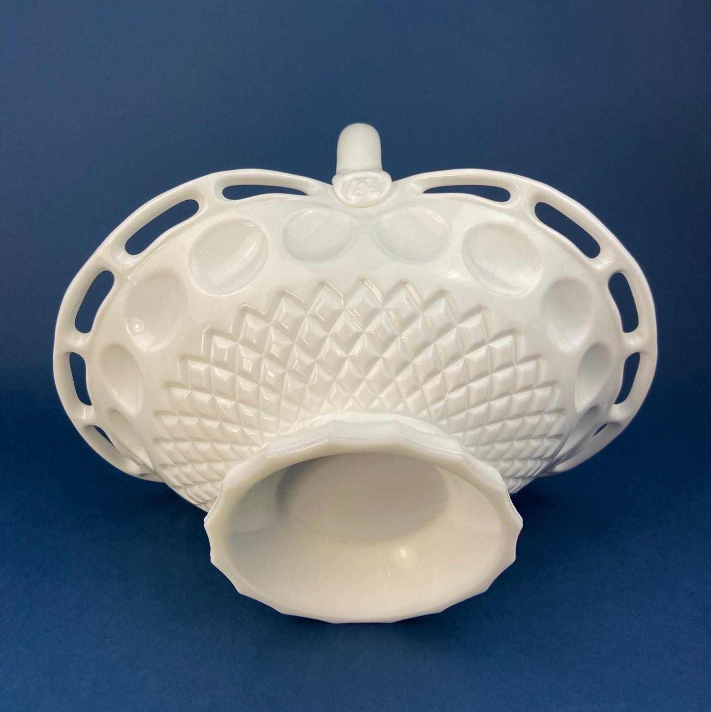 Milk Glass Basket. Large, Pinched Basket with Waffle Pattern, Embossed Circles, and Lacey Edge. Fruit Basket. Table Centerpiece.