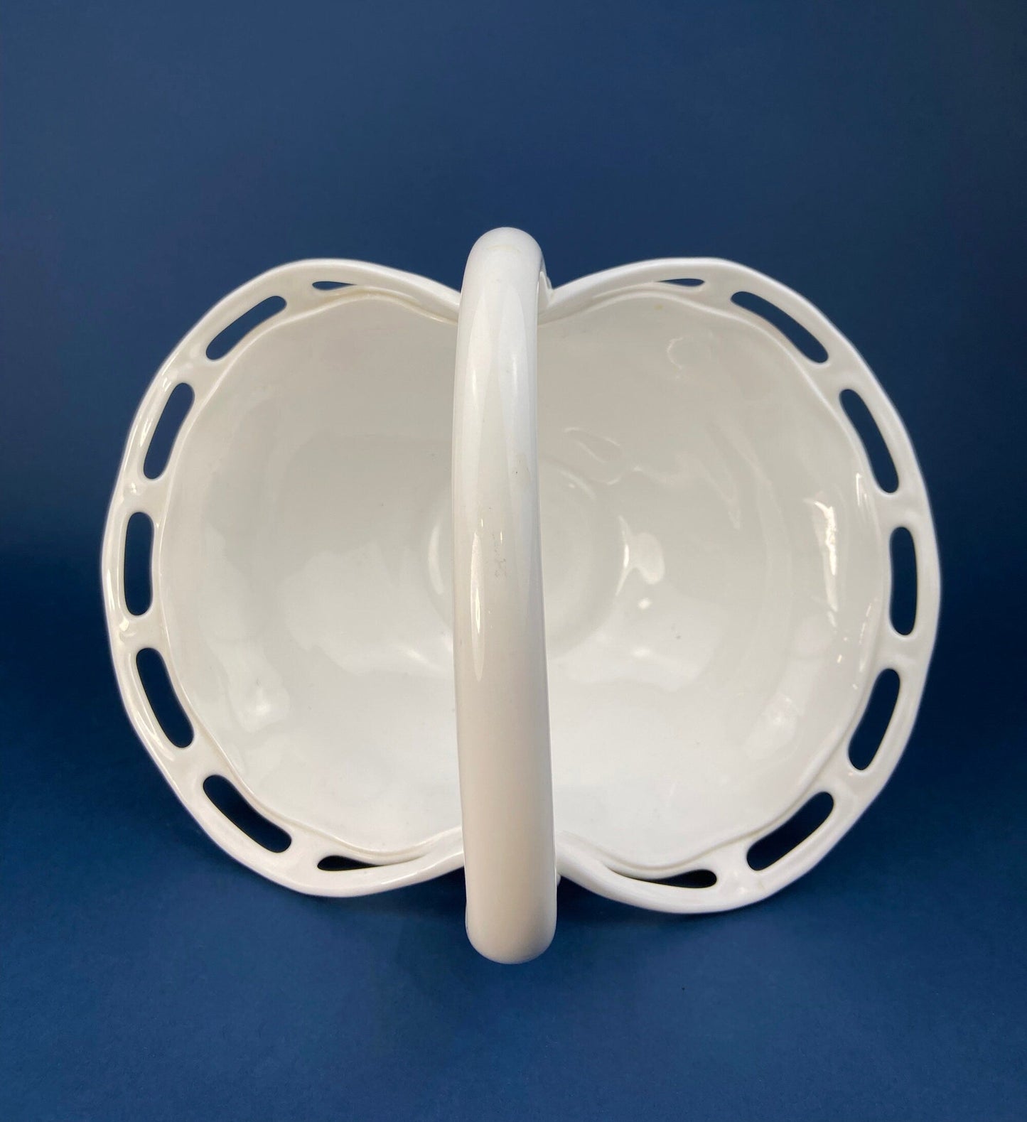 Milk Glass Basket. Large, Pinched Basket with Waffle Pattern, Embossed Circles, and Lacey Edge. Fruit Basket. Table Centerpiece.