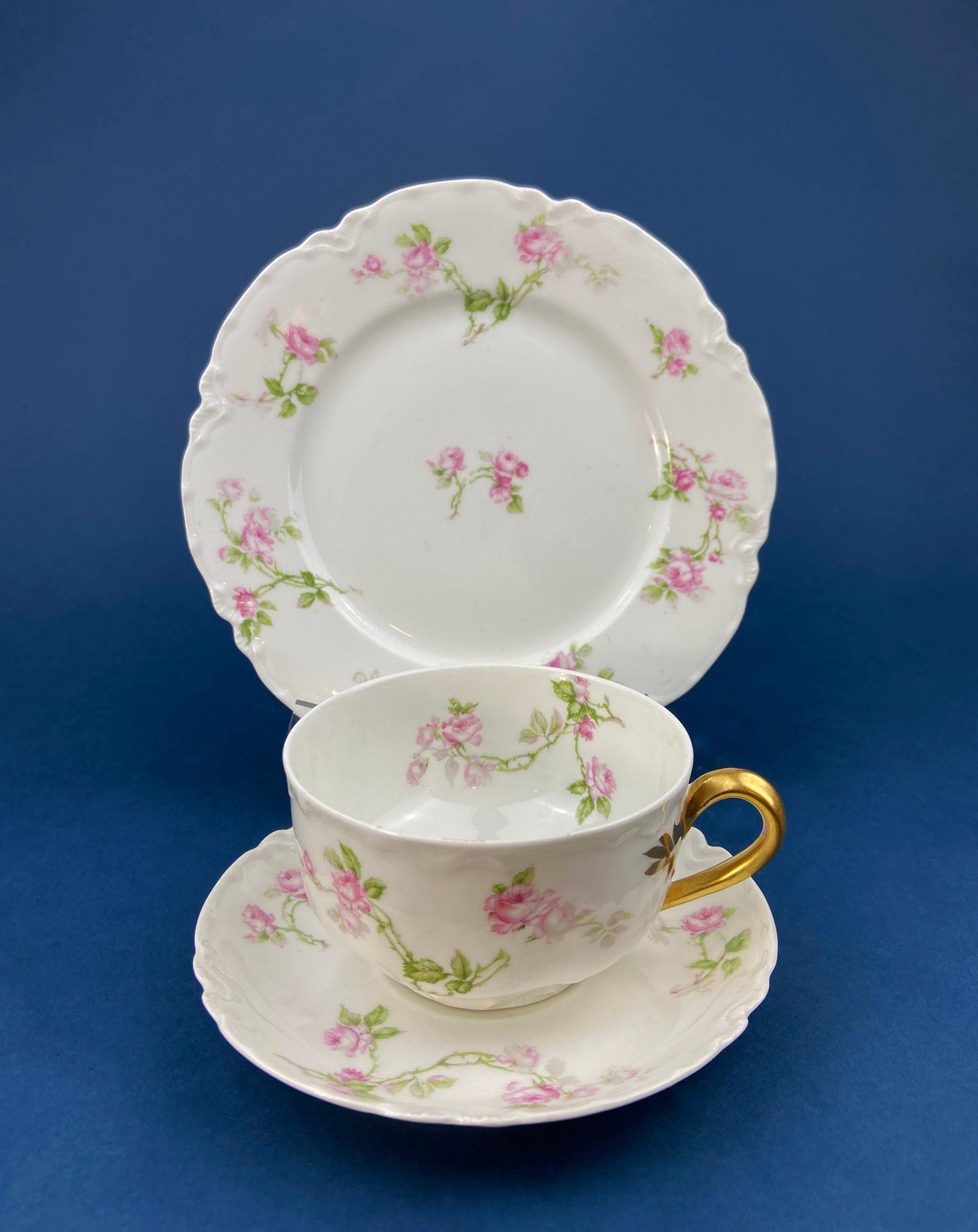 Antique Limoges Tea Cup and Saucer. Hand-Painted Porcelain by Haviland, France. Violet Clusters Motif. Highly Collectible.