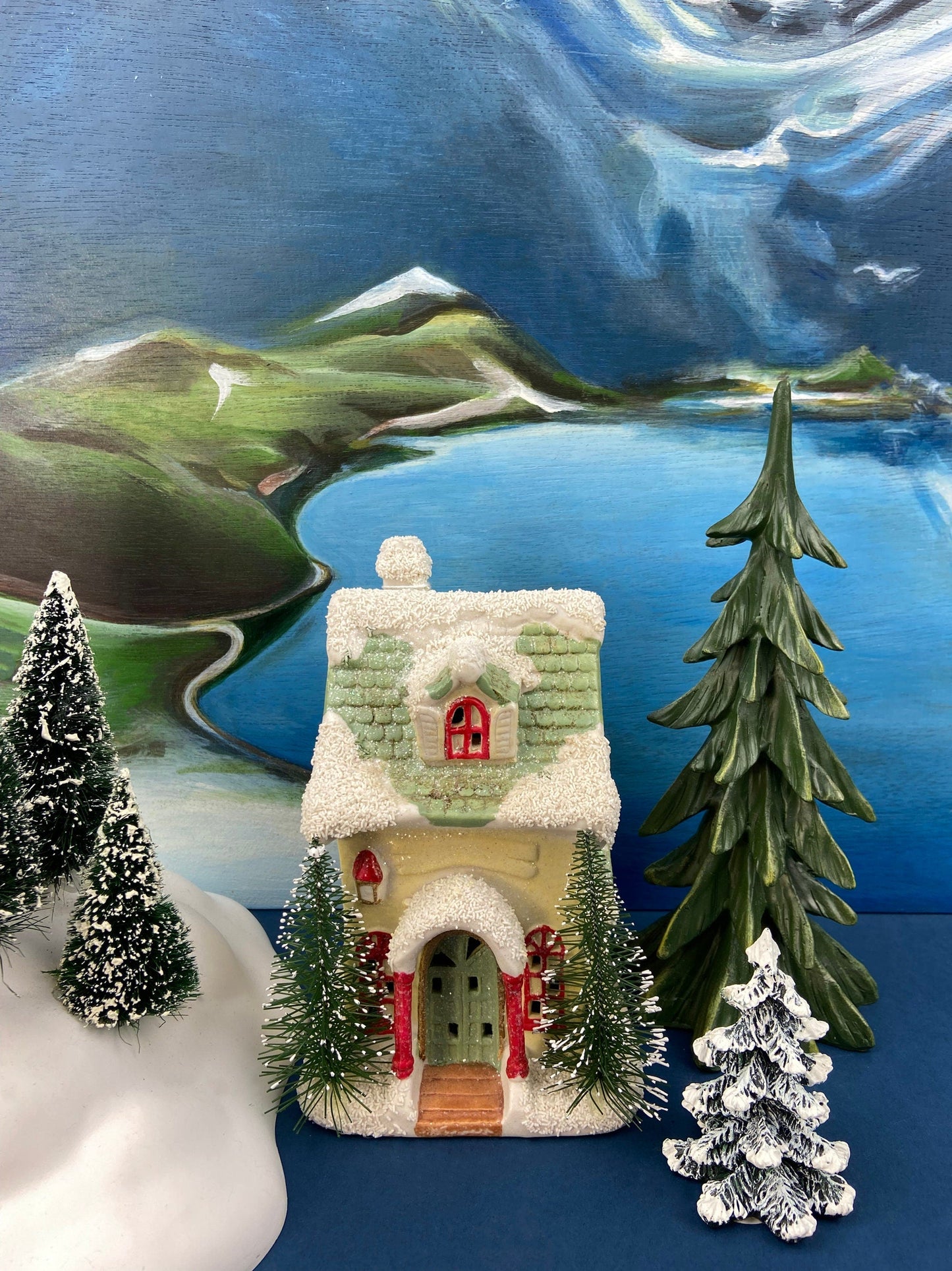 Illuminated Porcelain House. Medium-Sized Rustic Brick House with Red Roof for Christmas Village. Holiday Accessory. Traditional Home Decor