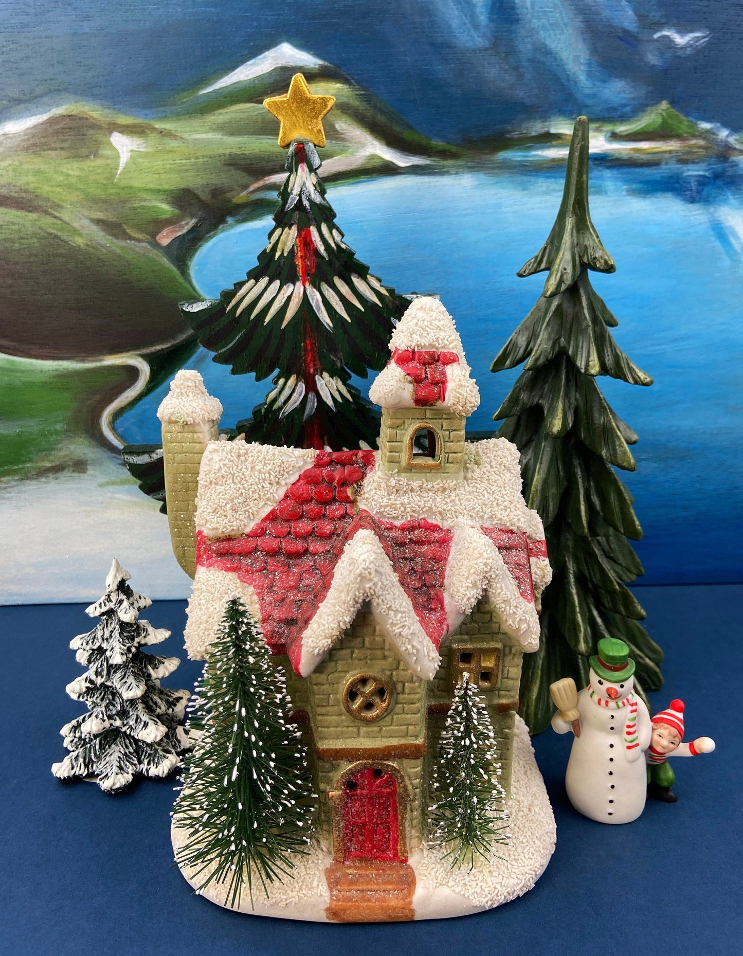 Illuminated Porcelain House. Medium-Sized Rustic Brick House with Red Roof for Christmas Village. Holiday Accessory. Traditional Home Decor