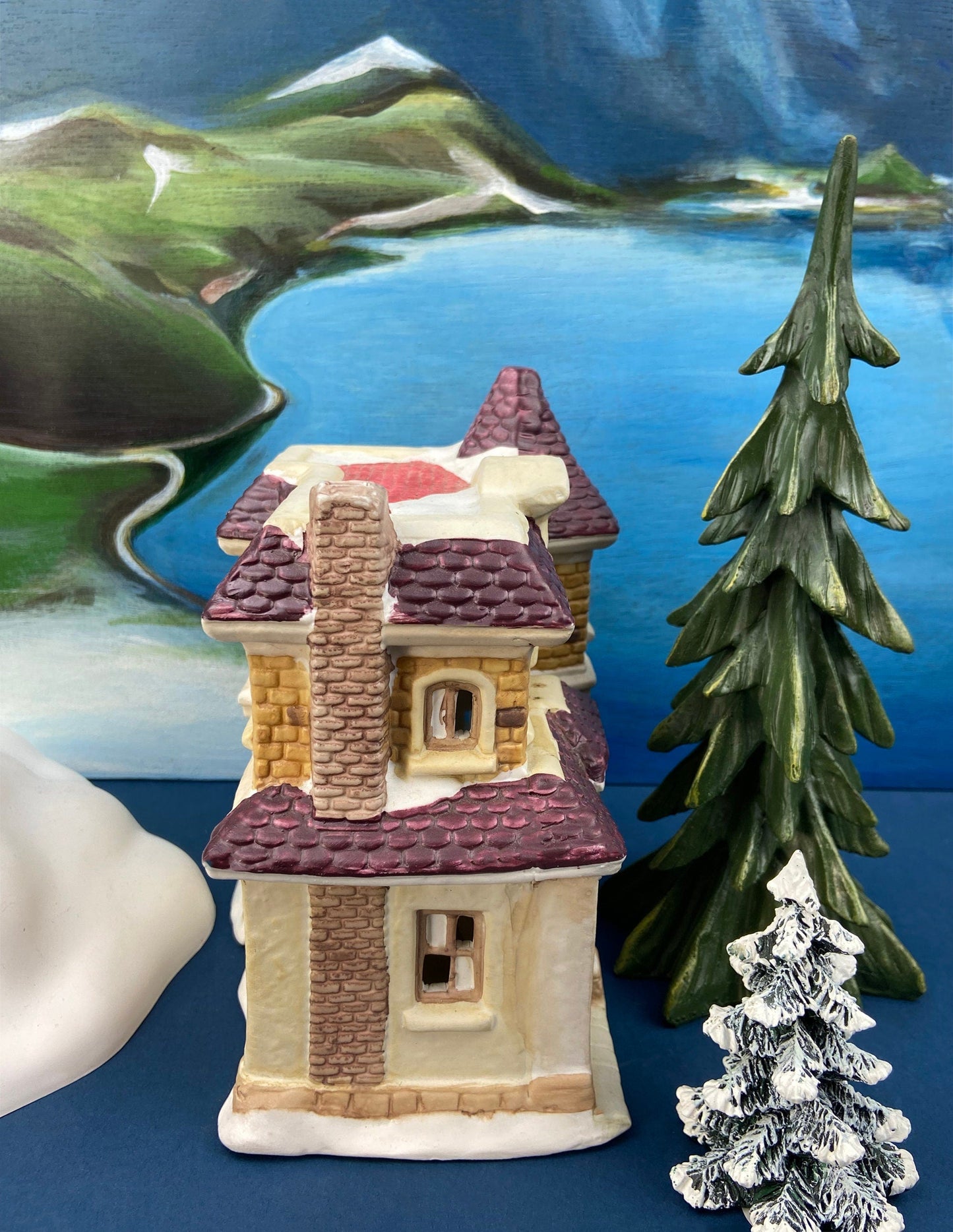Illuminated Porcelain House. Medium-Sized Rustic Brick House with Red Roof for Christmas Village. Holiday Accessory. Traditional Home Decor