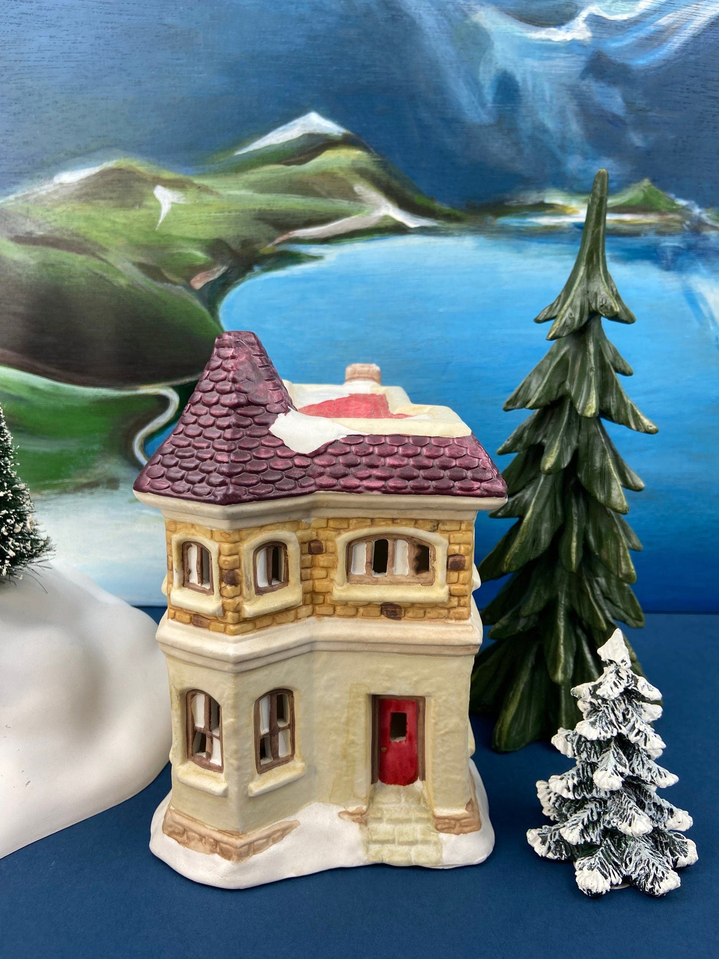 Illuminated Porcelain House. Medium-Sized Rustic Brick House with Red Roof for Christmas Village. Holiday Accessory. Traditional Home Decor