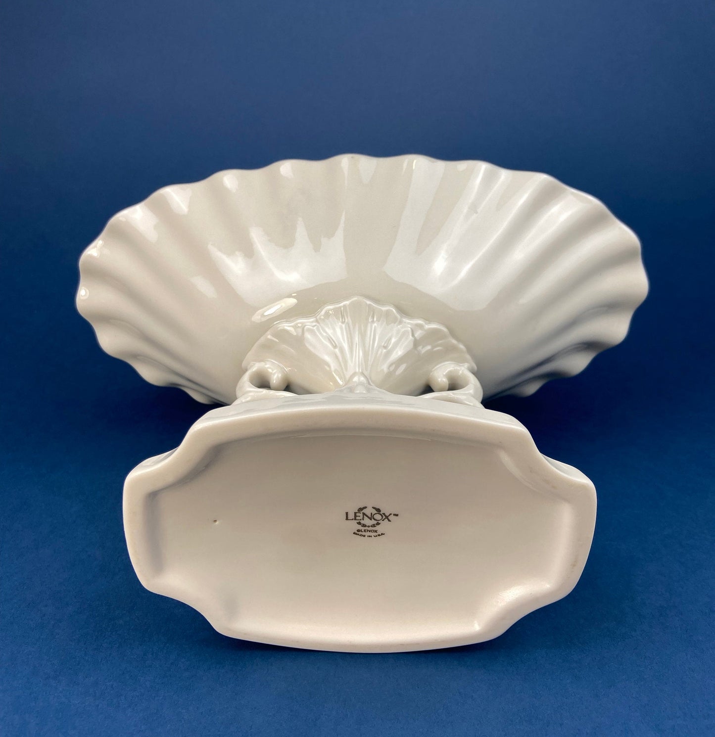 Lenox Pedestal Compote with Pair of Dolphins. Cream Colored Porcelain, Footed Fruit Stand or Serving Dish. Aquarius Table Centerpiece.