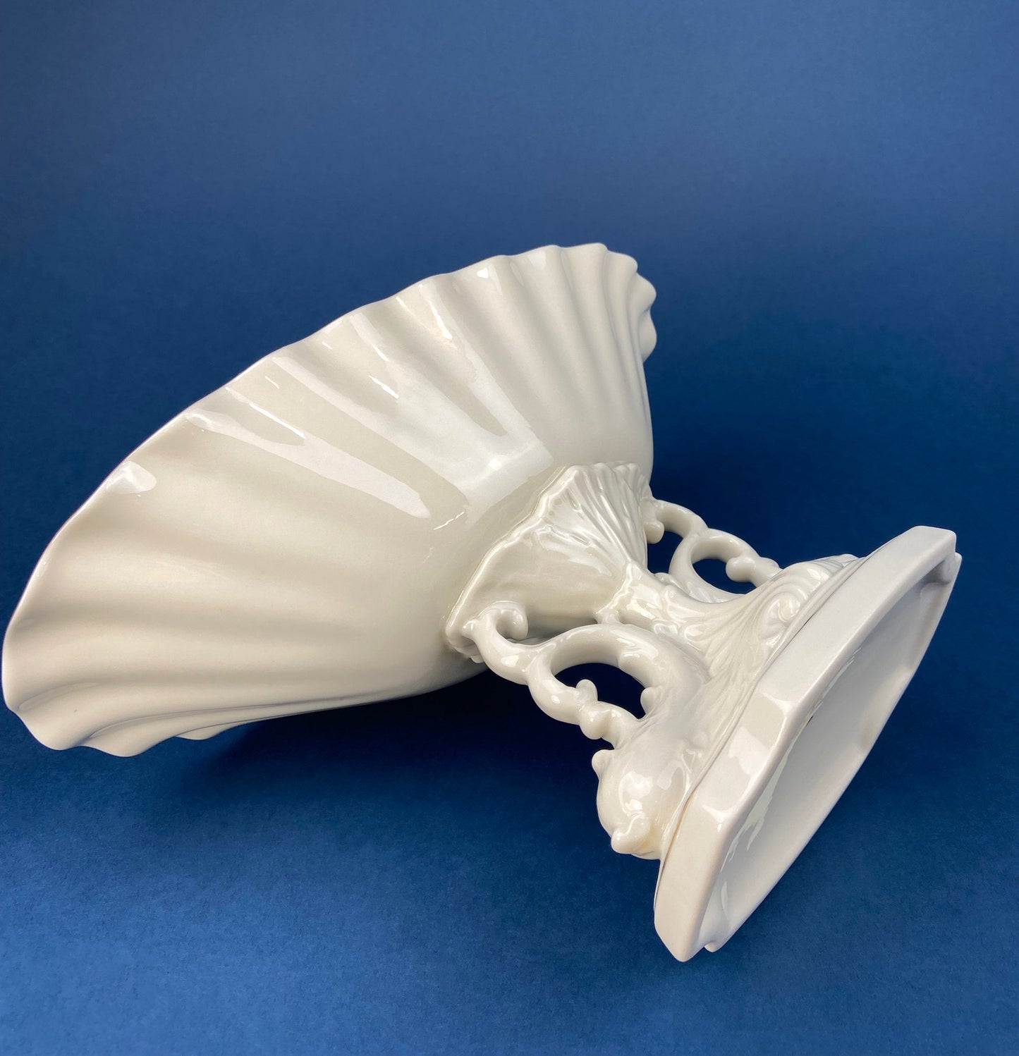 Lenox Pedestal Compote with Pair of Dolphins. Cream Colored Porcelain, Footed Fruit Stand or Serving Dish. Aquarius Table Centerpiece.