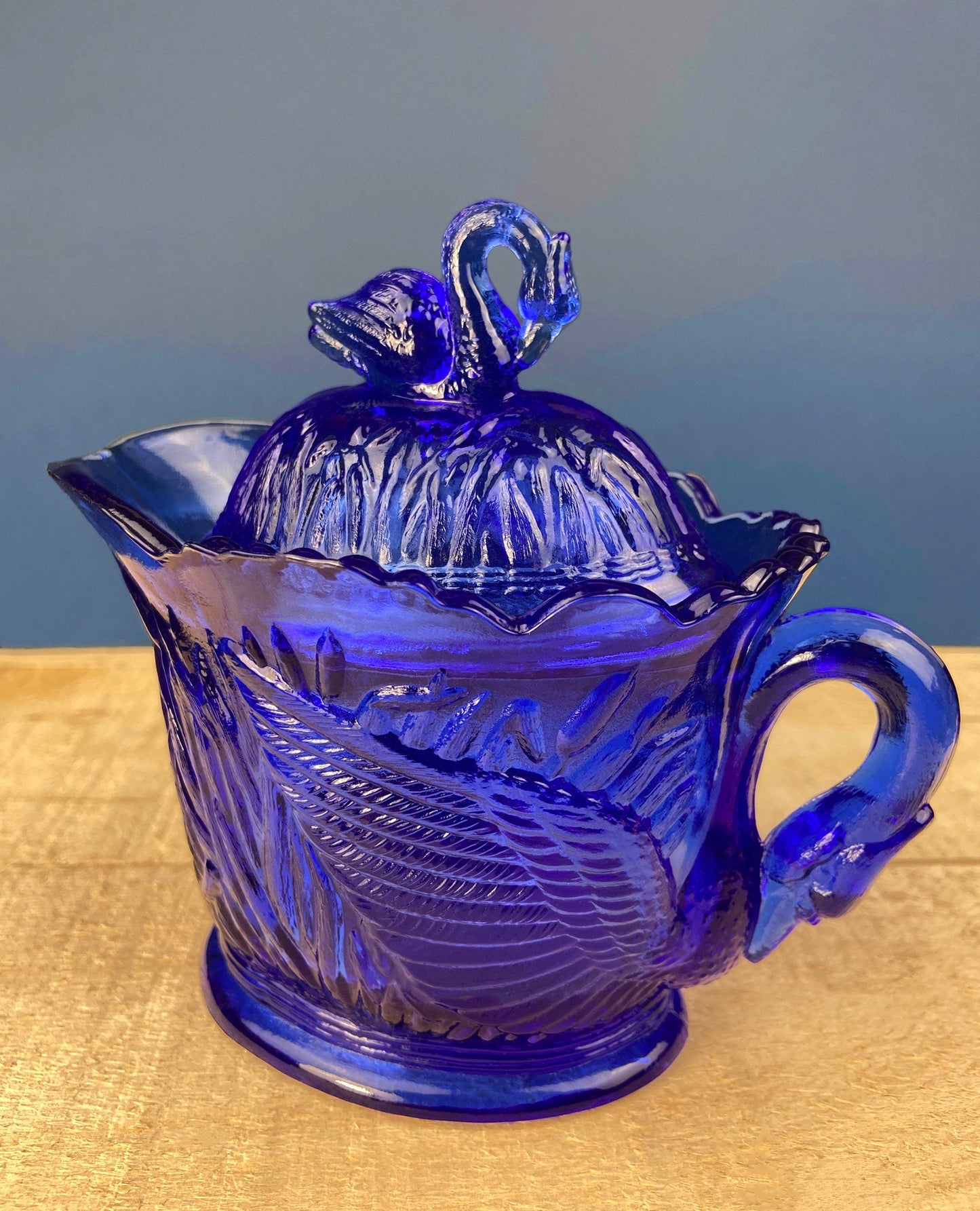 Cobalt Blue Creamer with Swan-Shaped Handle and Lid. Glass Creamer with Embossed Reed and Swans. Collectible Glass. Gift Idea.