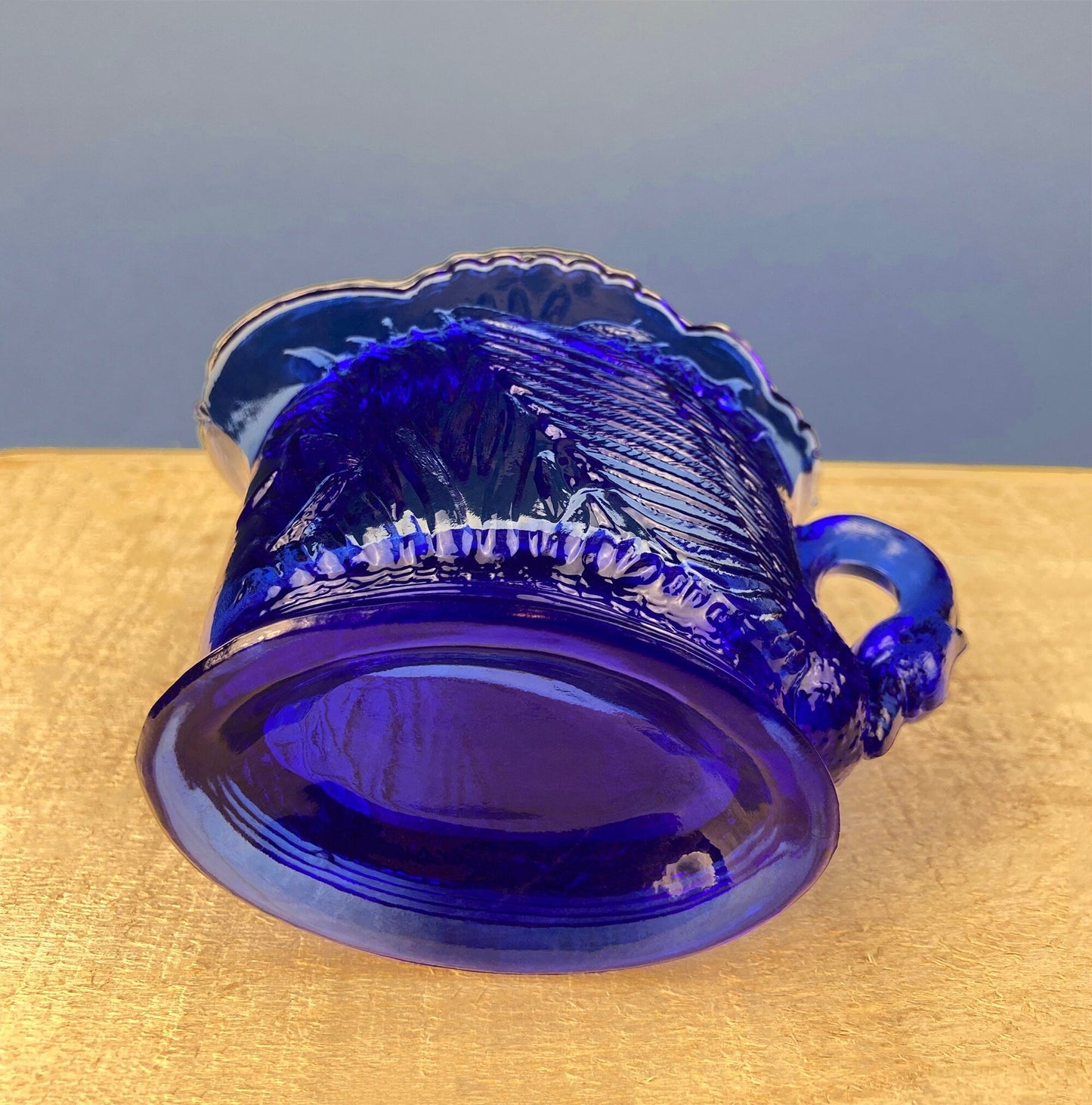 Cobalt Blue Creamer with Swan-Shaped Handle and Lid. Glass Creamer with Embossed Reed and Swans. Collectible Glass. Gift Idea.