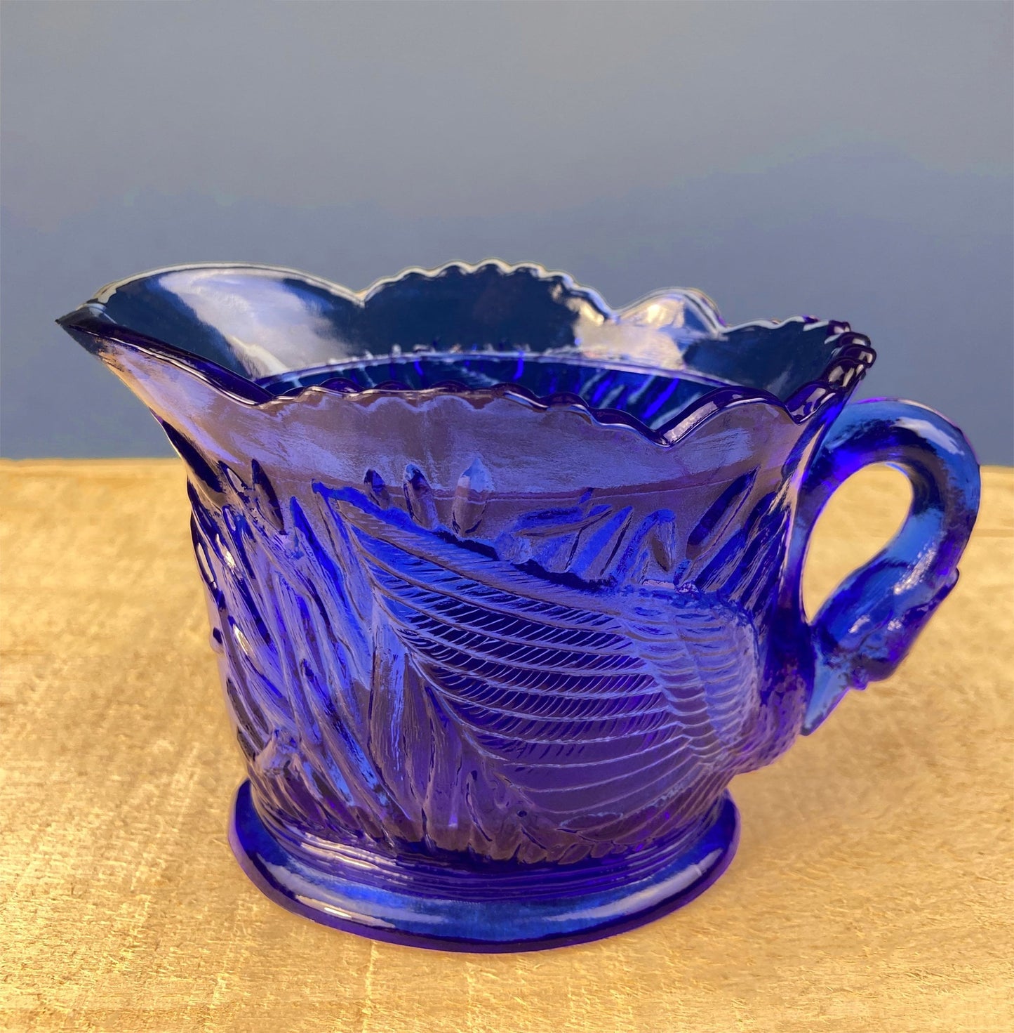 Cobalt Blue Creamer with Swan-Shaped Handle and Lid. Glass Creamer with Embossed Reed and Swans. Collectible Glass. Gift Idea.