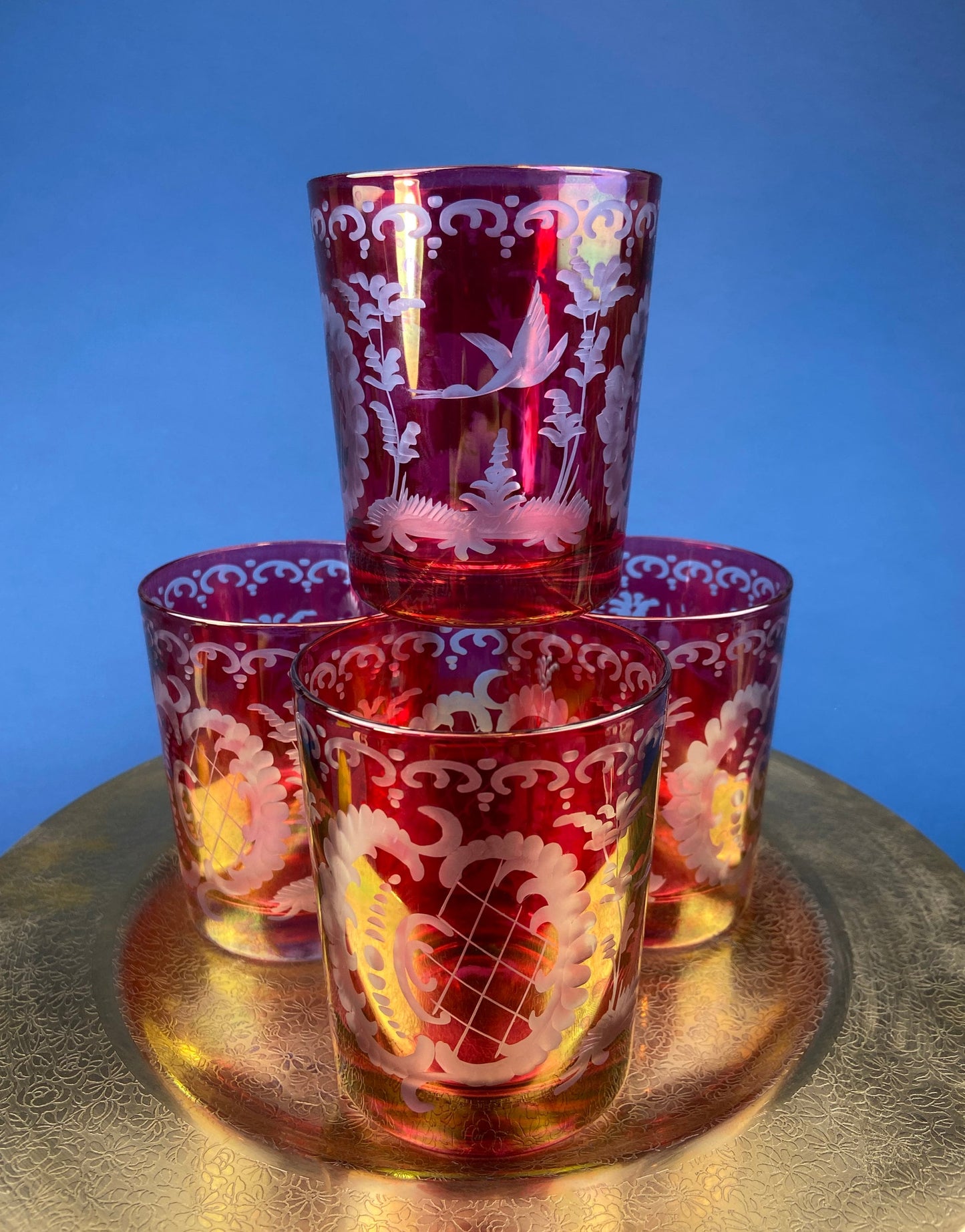 Vintage Bohemian Glass Crystal Serving Bowl and Plate. Set of Two Hand Cut Ruby Crystal Serving Dishes. Collectible Czech Glass.