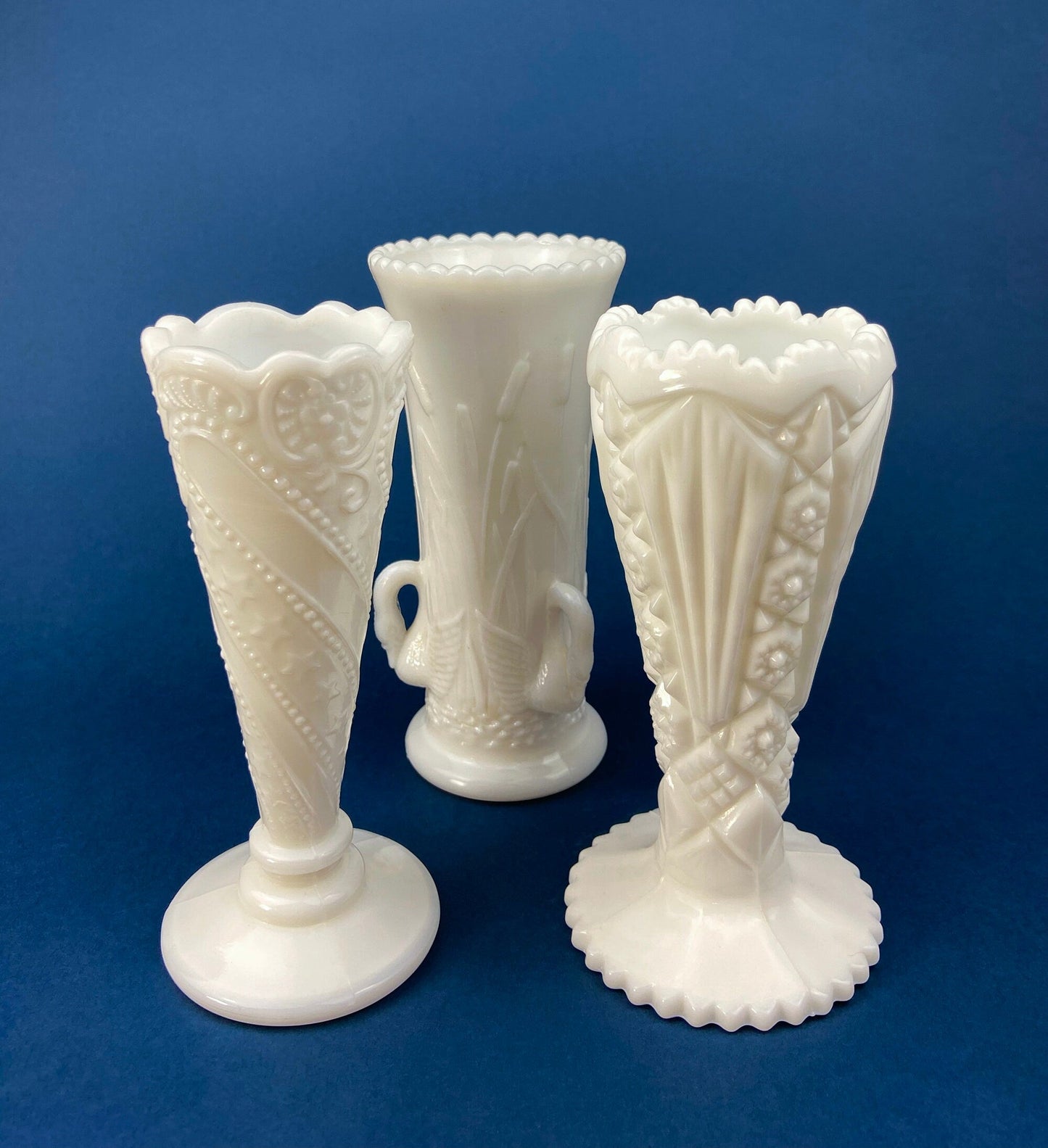Set of Three, Fluted Milk Glass Vases.  Collection of White, Modern Style Vases of Varying Shapes and Sizes. Wedding Decor. White Home Decor