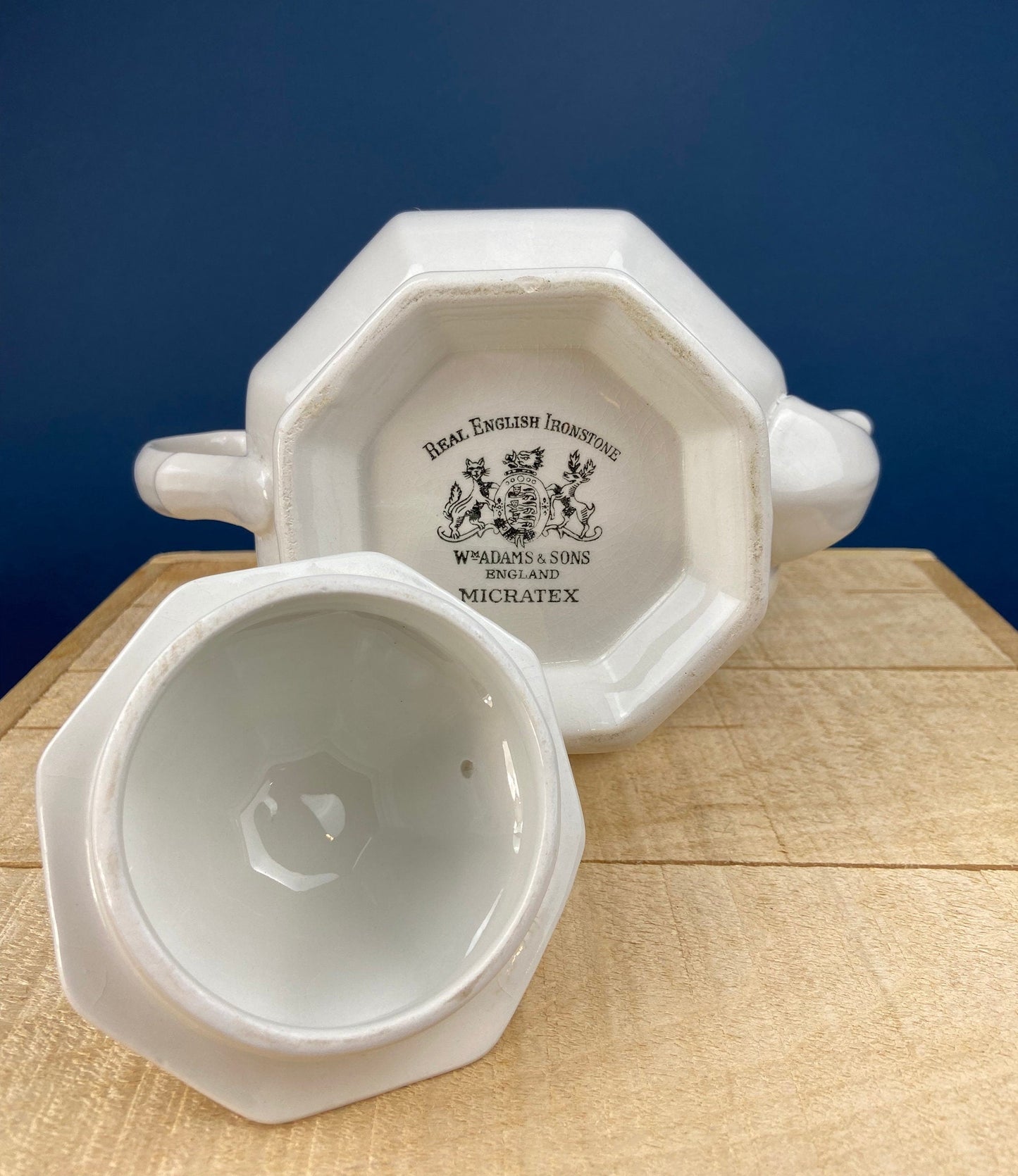 Vintage White Tea Pot and Sugar Bowl. Real English Ironstone by WM Adams and Sons. Micratex, England.