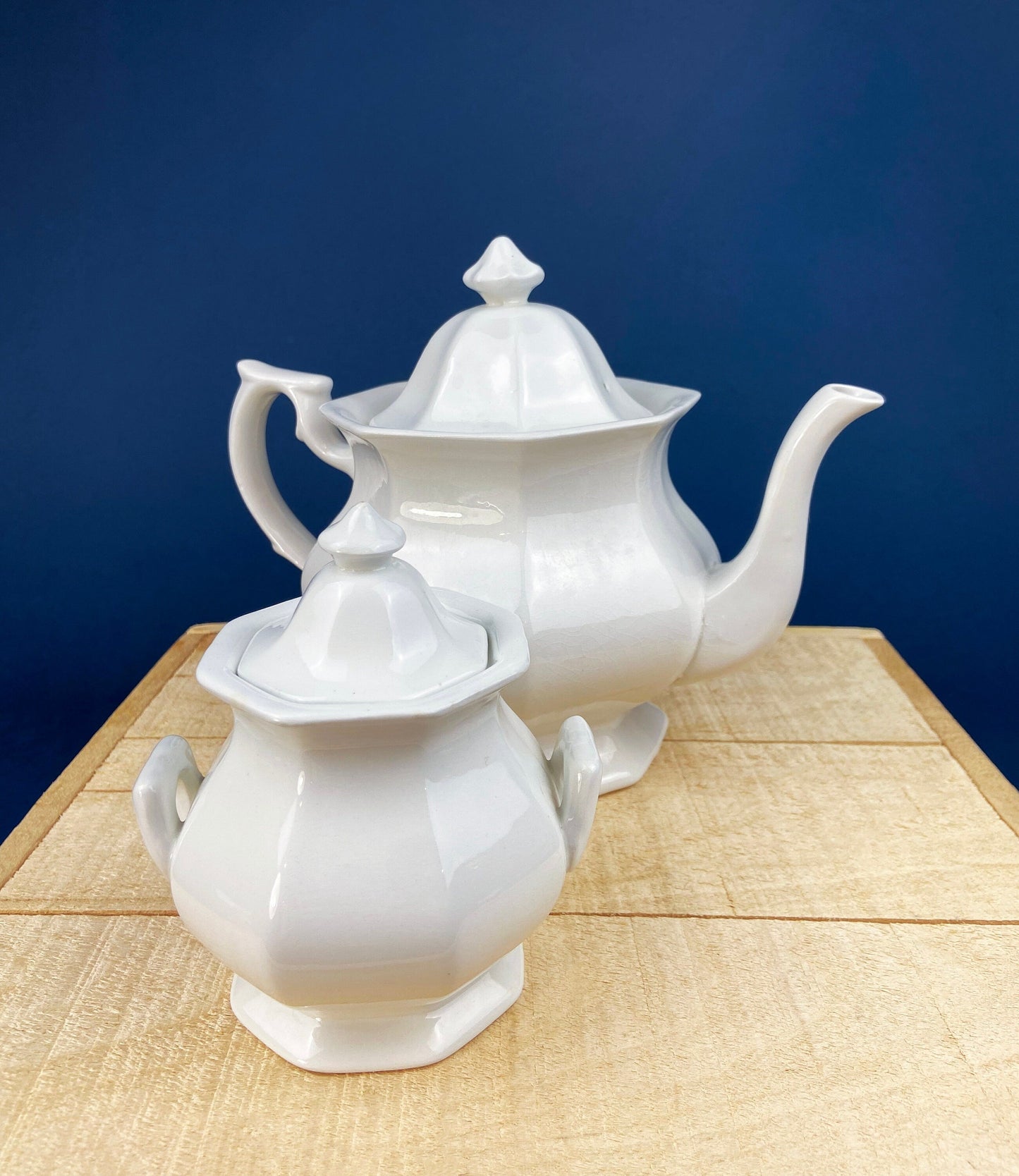 Vintage White Tea Pot and Sugar Bowl. Real English Ironstone by WM Adams and Sons. Micratex, England.