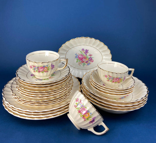 Vintage Dish Set. Leigh Wake by Leigh Potters. Set of 4 Placements: Dinner, Salad Plates, Soup, Salad Bowls, One Serving Dish & Teacups.