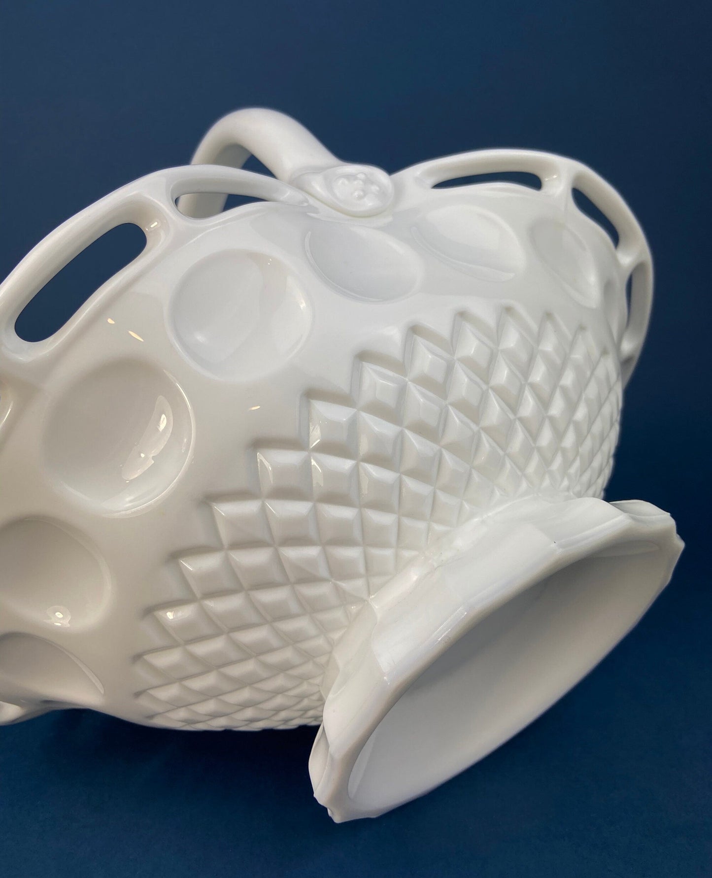 Milk Glass Basket. Large, Pinched Basket with Waffle Pattern, Embossed Circles, and Lacey Edge. Fruit Basket. Table Centerpiece.