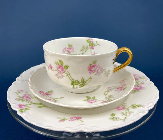 Antique Limoges Tea Cup and Saucer. Hand-Painted Porcelain by Haviland, France. Violet Clusters Motif. Highly Collectible.