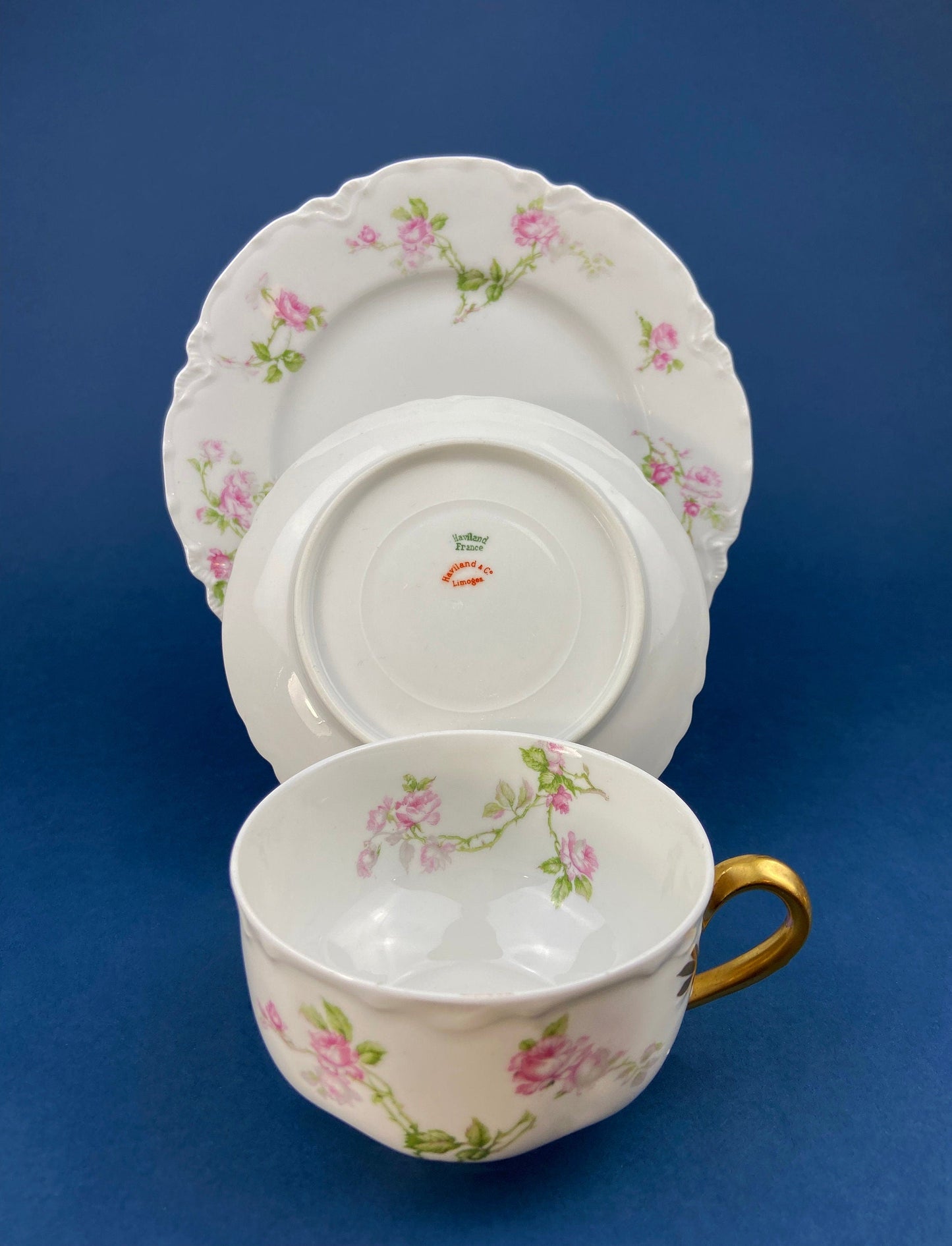 Antique Limoges Tea Cup and Saucer. Hand-Painted Porcelain by Haviland, France. Violet Clusters Motif. Highly Collectible.