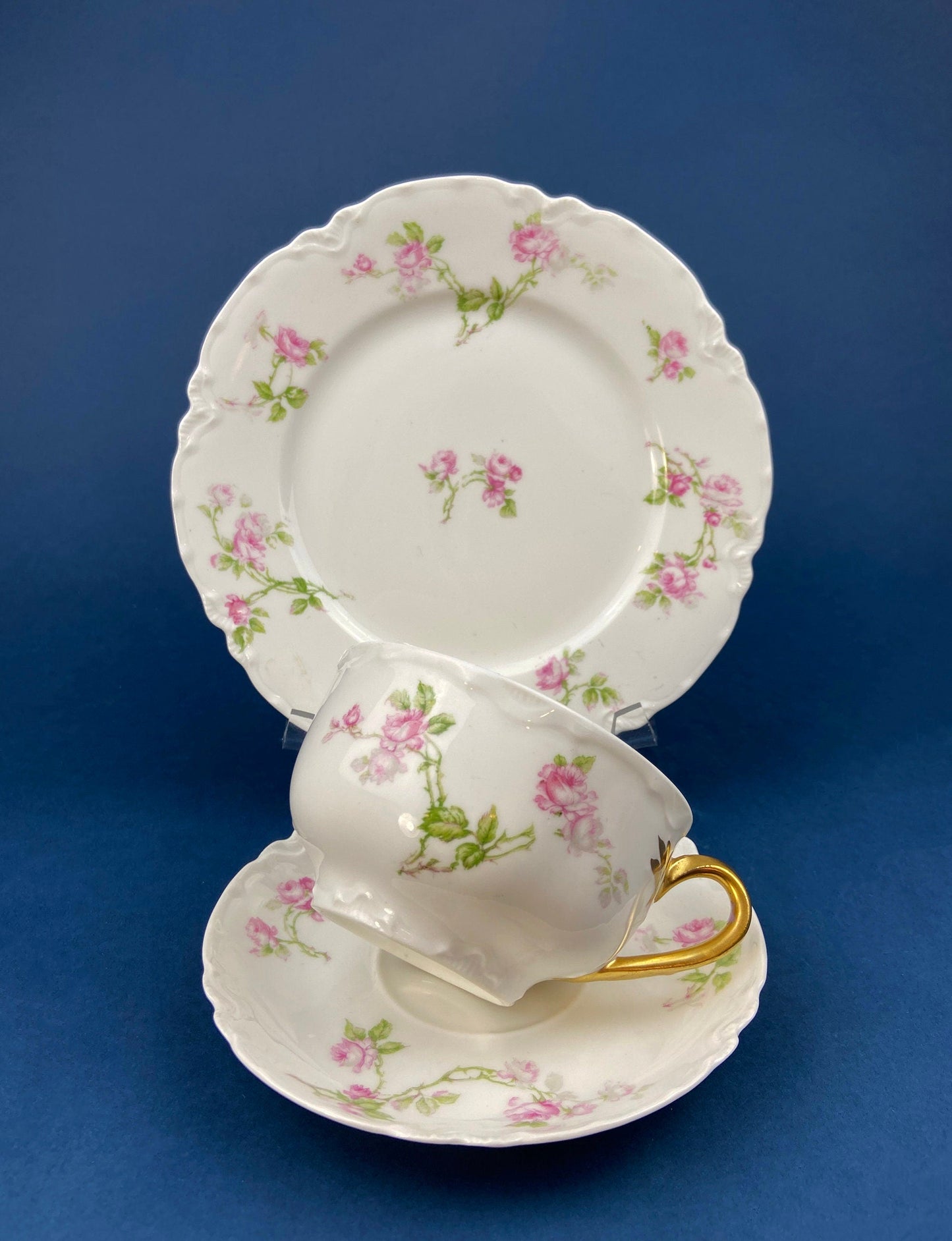 Antique Limoges Tea Cup and Saucer. Hand-Painted Porcelain by Haviland, France. Violet Clusters Motif. Highly Collectible.