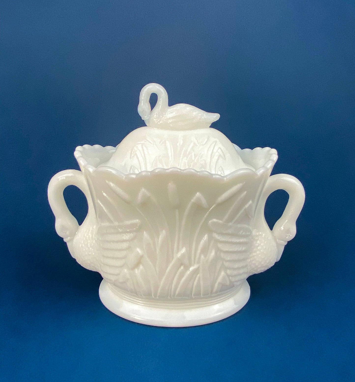 Cobalt Blue Creamer with Swan-Shaped Handle and Lid. Glass Creamer with Embossed Reed and Swans. Collectible Glass. Gift Idea.