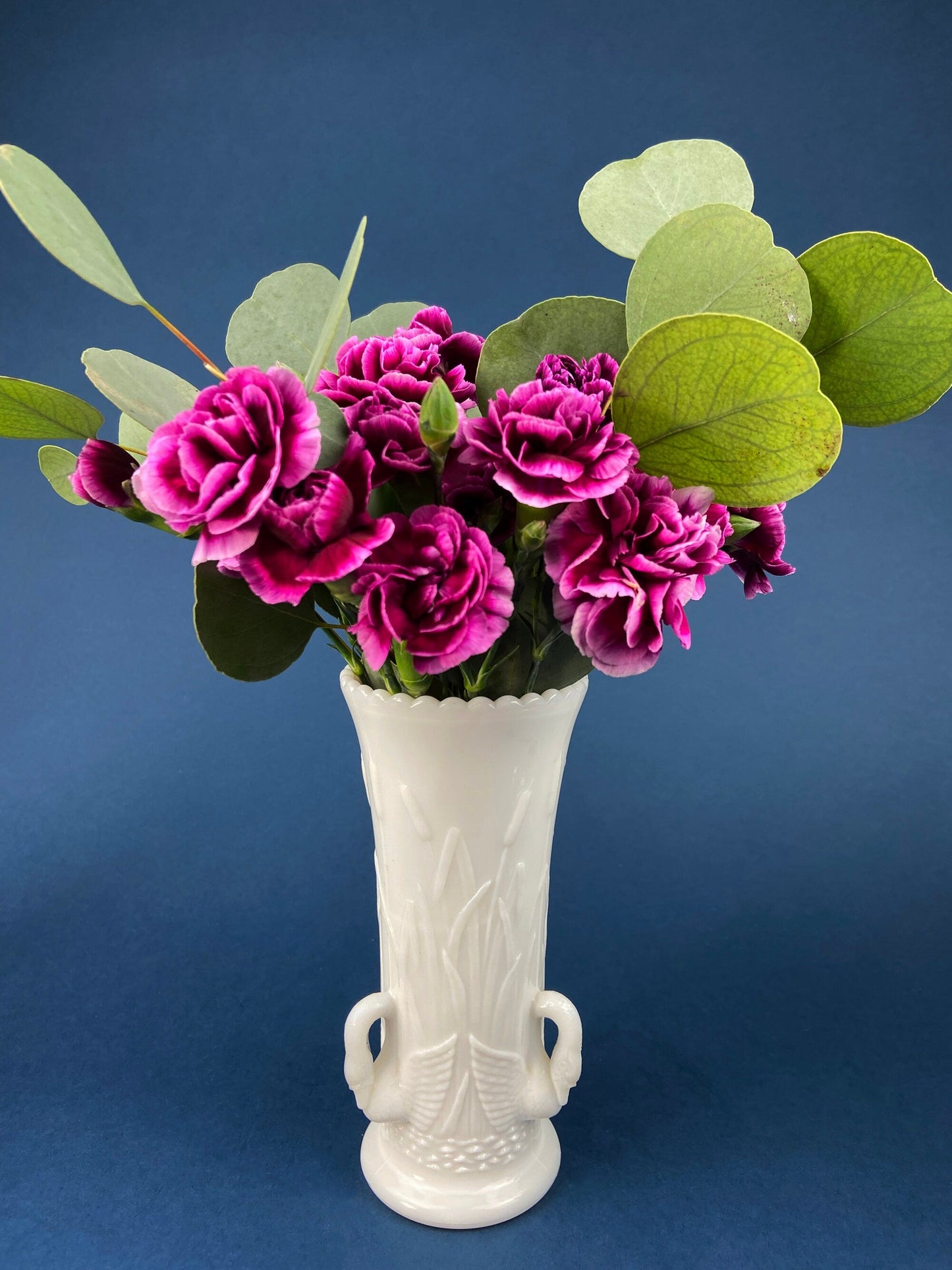 Cobalt Blue Creamer with Swan-Shaped Handle and Lid. Glass Creamer with Embossed Reed and Swans. Collectible Glass. Gift Idea.