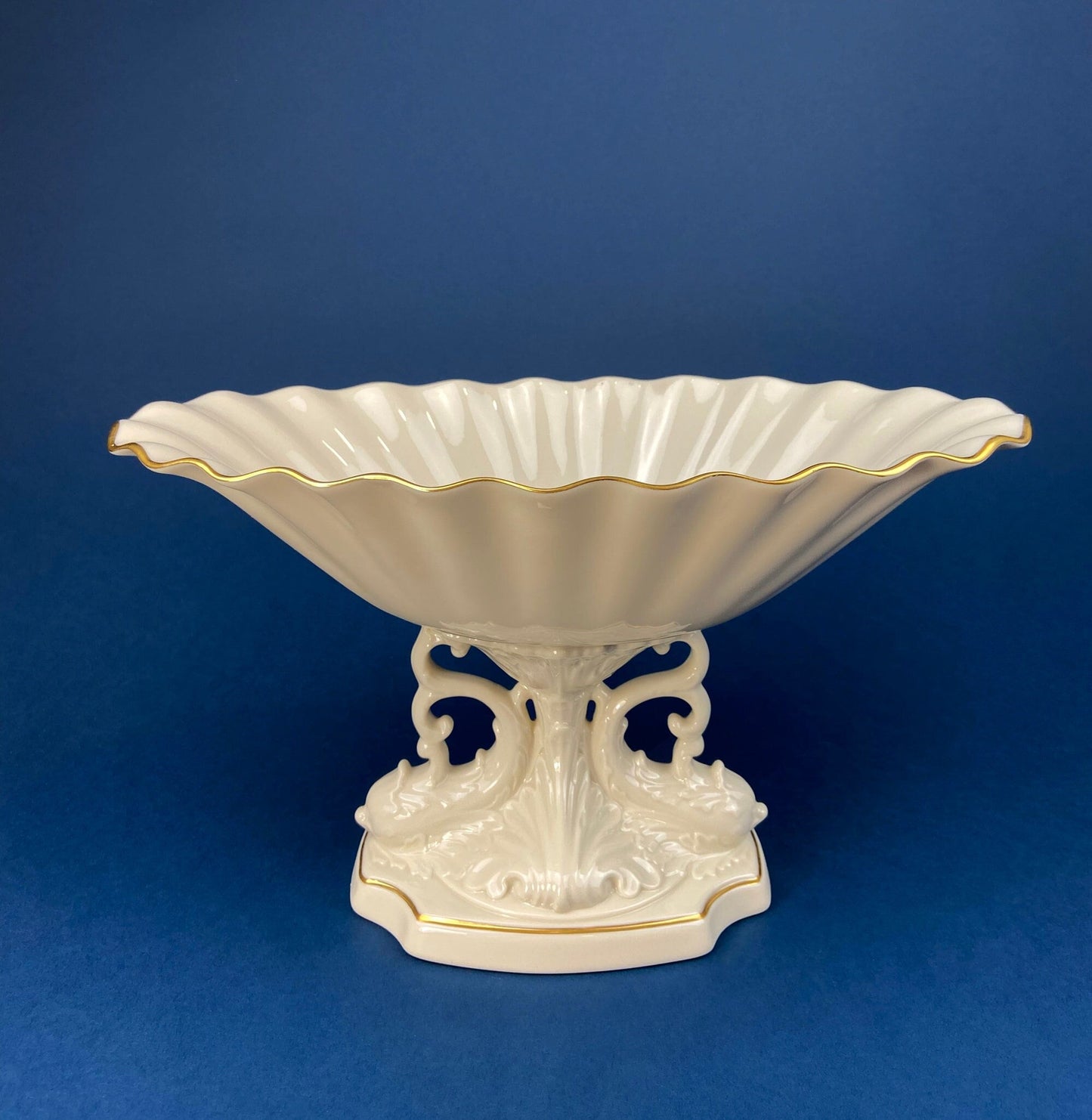 Lenox Pedestal Compote with Pair of Dolphins. Cream Colored Porcelain, Footed Fruit Stand or Serving Dish. Aquarius Table Centerpiece.