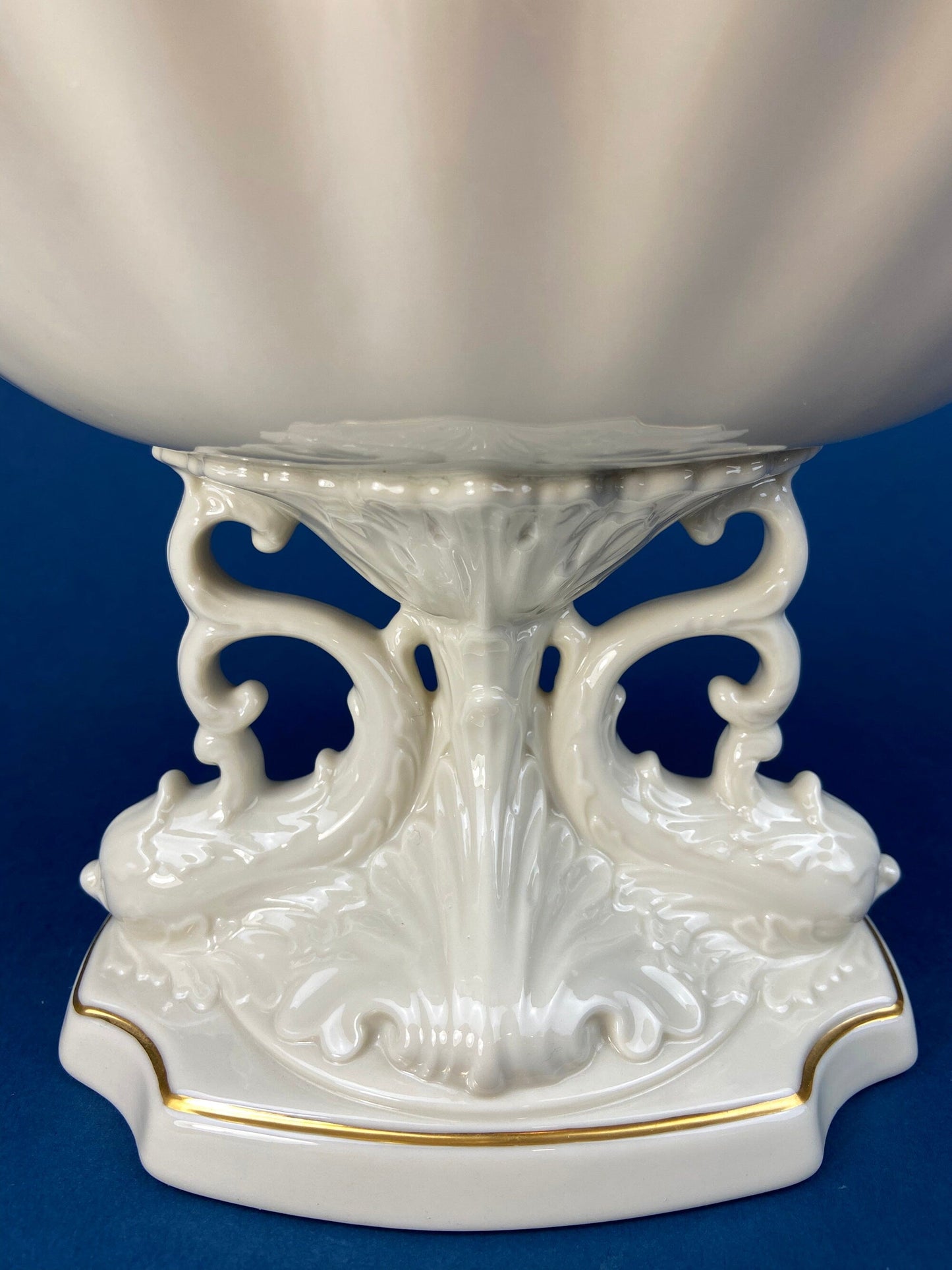 Lenox Pedestal Compote with Pair of Dolphins. Cream Colored Porcelain, Footed Fruit Stand or Serving Dish. Aquarius Table Centerpiece.