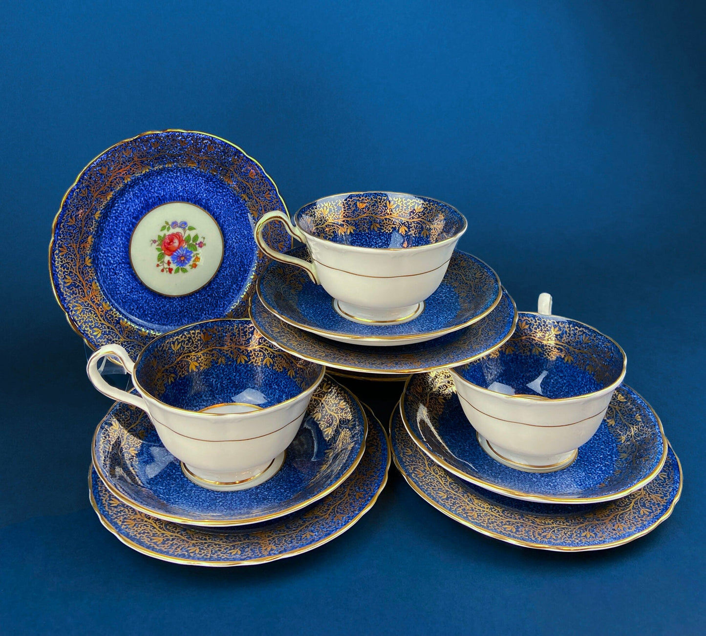 Vintage Aynsley Creamer and Sugar Bowl.  Blue and Gold, with Hand Painted Bouquet of Flowers. Fine Bone China.