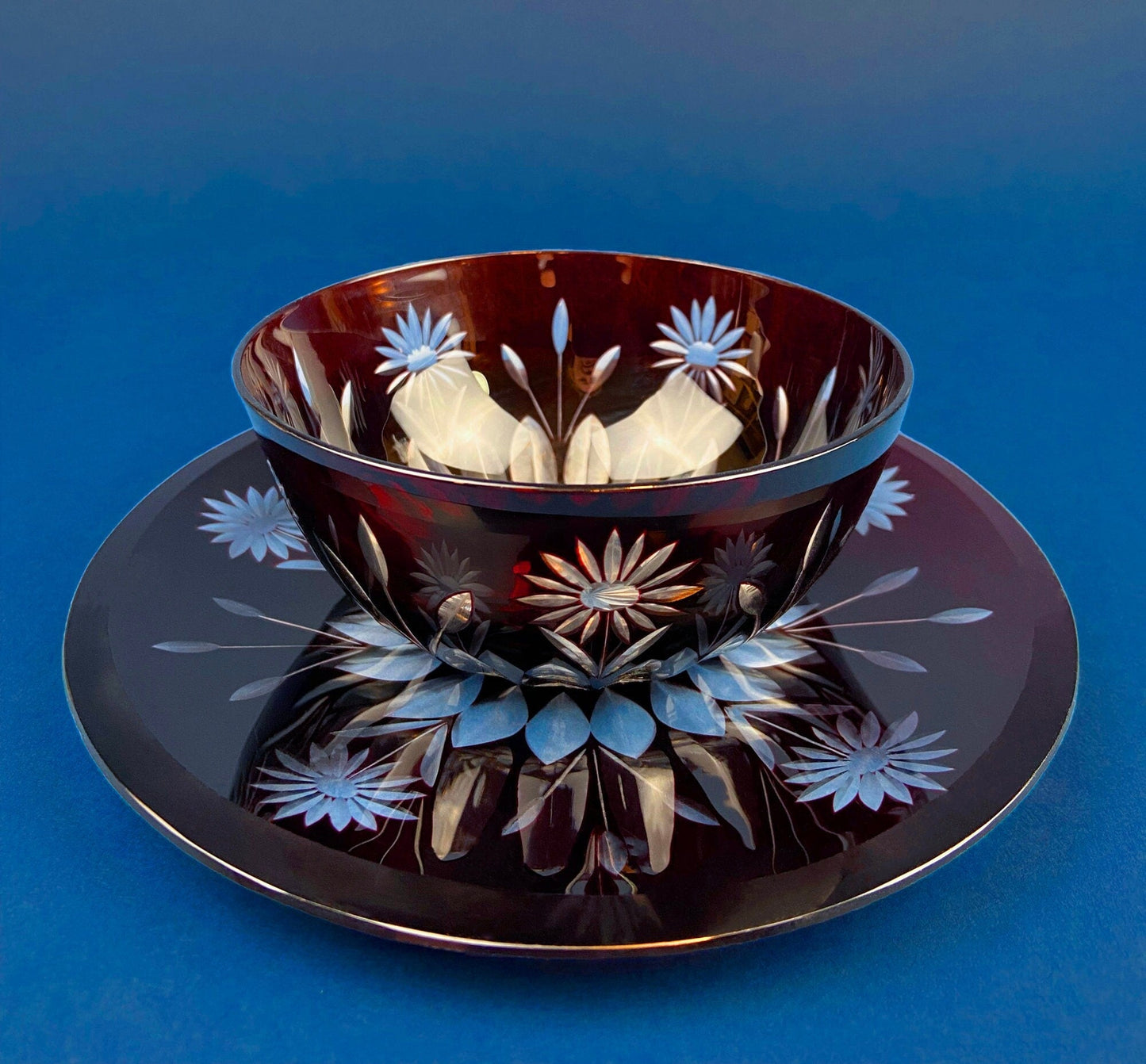 Vintage Bohemian Glass Crystal Serving Bowl and Plate. Set of Two Hand Cut Ruby Crystal Serving Dishes. Collectible Czech Glass.