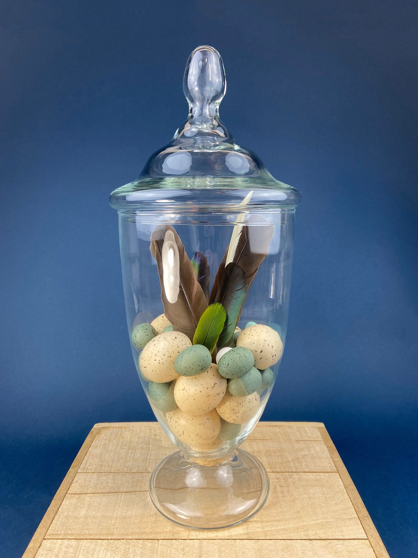 Large Lidded Apothecary with Eggs and Feathers. Alternative Spring/Easter Decor.  Footed, Glass Storage Jar. Table Centerpiece. Shabby Chic.