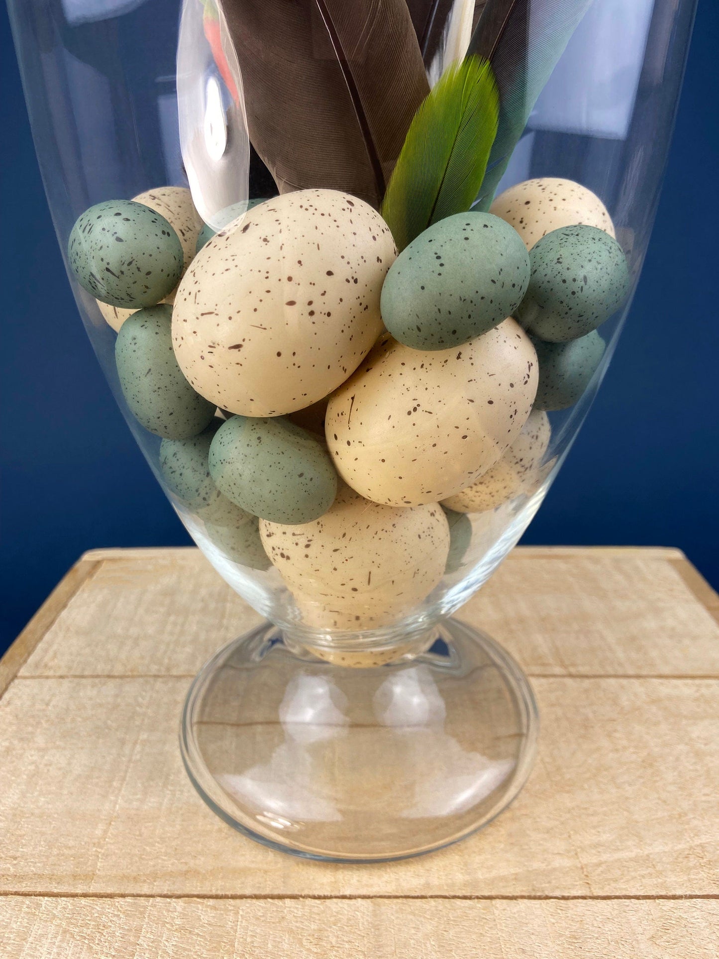 Large Lidded Apothecary with Eggs and Feathers. Alternative Spring/Easter Decor.  Footed, Glass Storage Jar. Table Centerpiece. Shabby Chic.