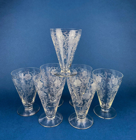 Set of six clear glass tumblers with floral engravings on a blue background