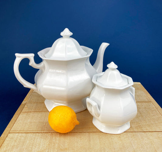 Vintage White Tea Pot and Sugar Bowl. Real English Ironstone by WM Adams and Sons. Micratex, England.