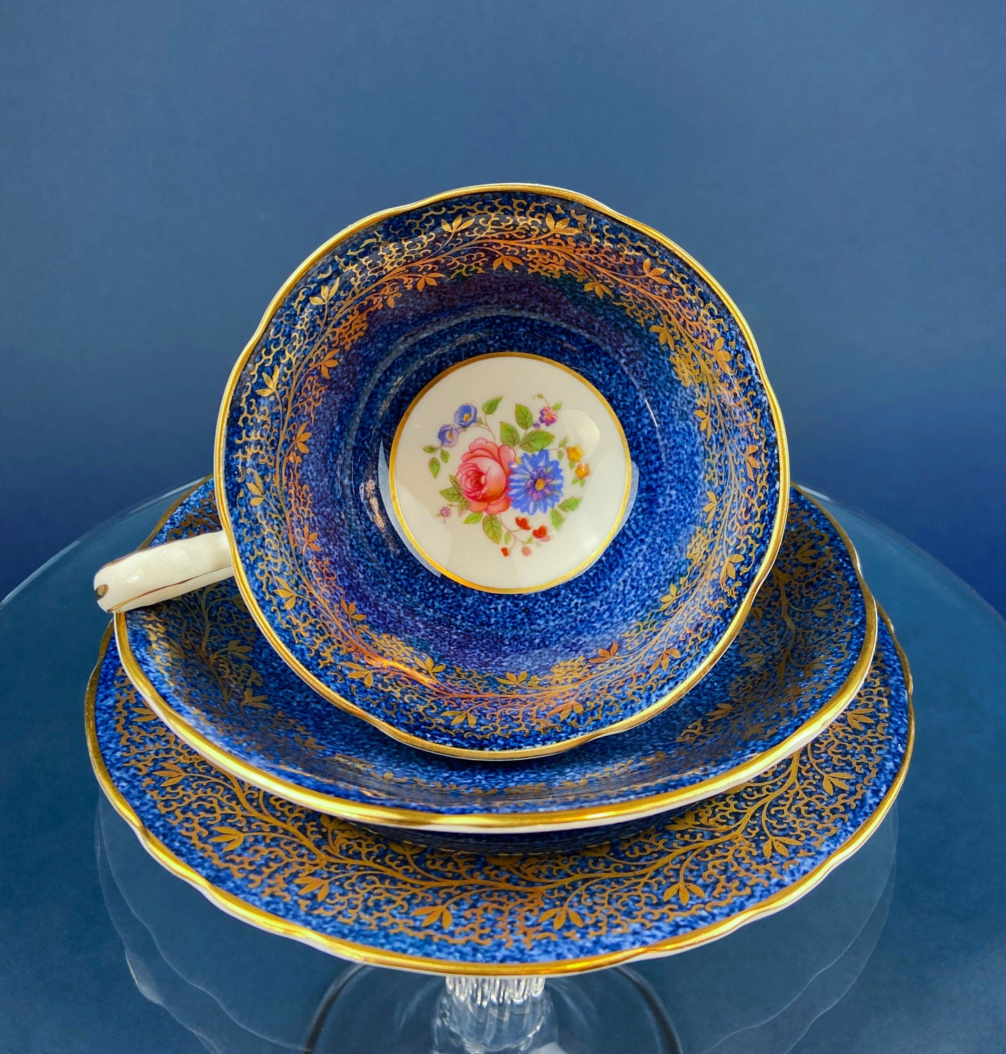 Vintage Aynsley Creamer and Sugar Bowl.  Blue and Gold, with Hand Painted Bouquet of Flowers. Fine Bone China.