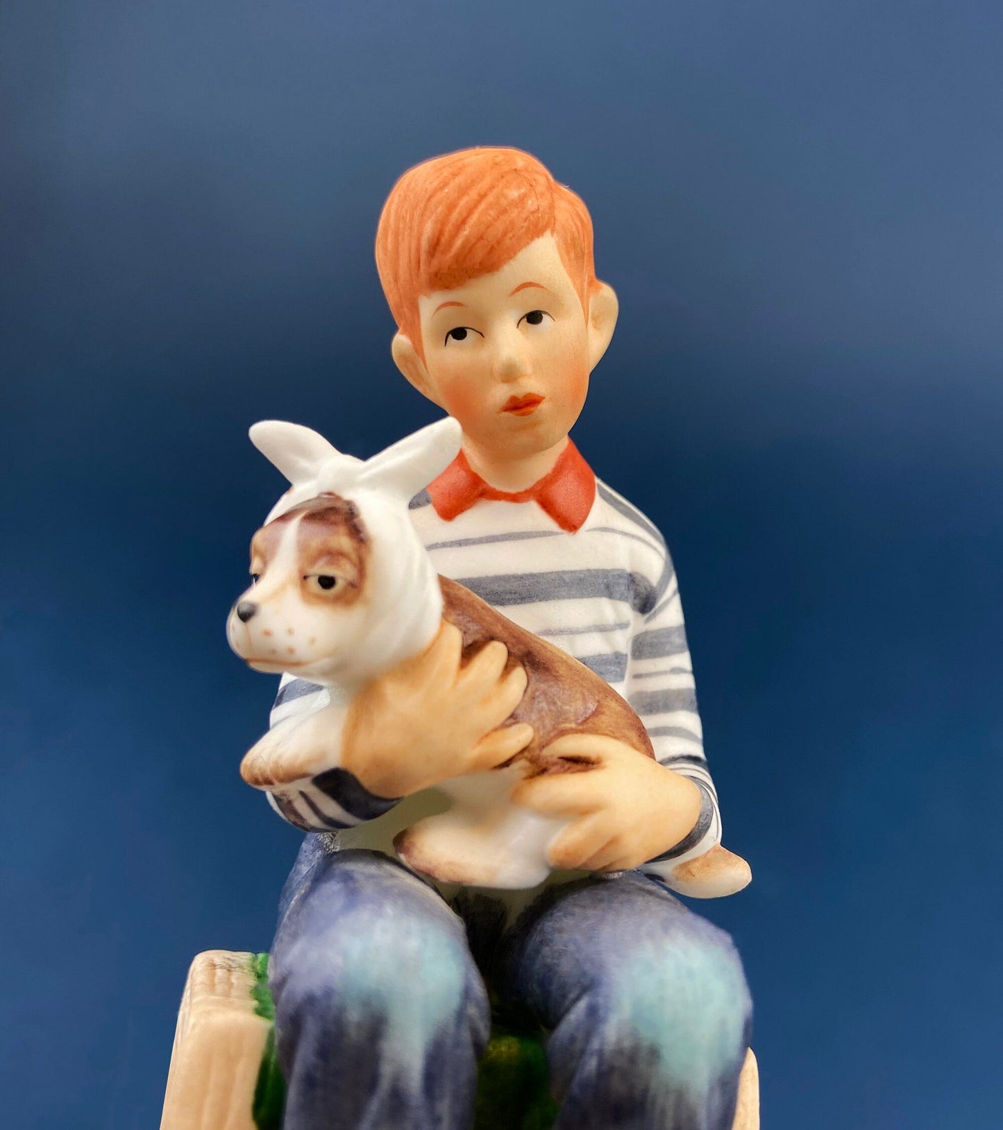 Get Well Soon Porcelain Figurine of Boy Holding Sick Dog. Inspired by Norman Rockwell's Saturday Evening Post Cover: "At the Vets."