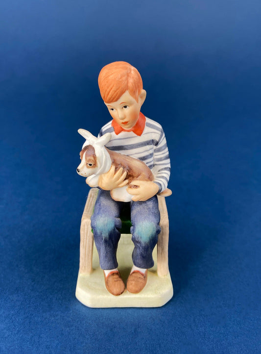 Get Well Soon Porcelain Figurine of Boy Holding Sick Dog. Inspired by Norman Rockwell's Saturday Evening Post Cover: "At the Vets."