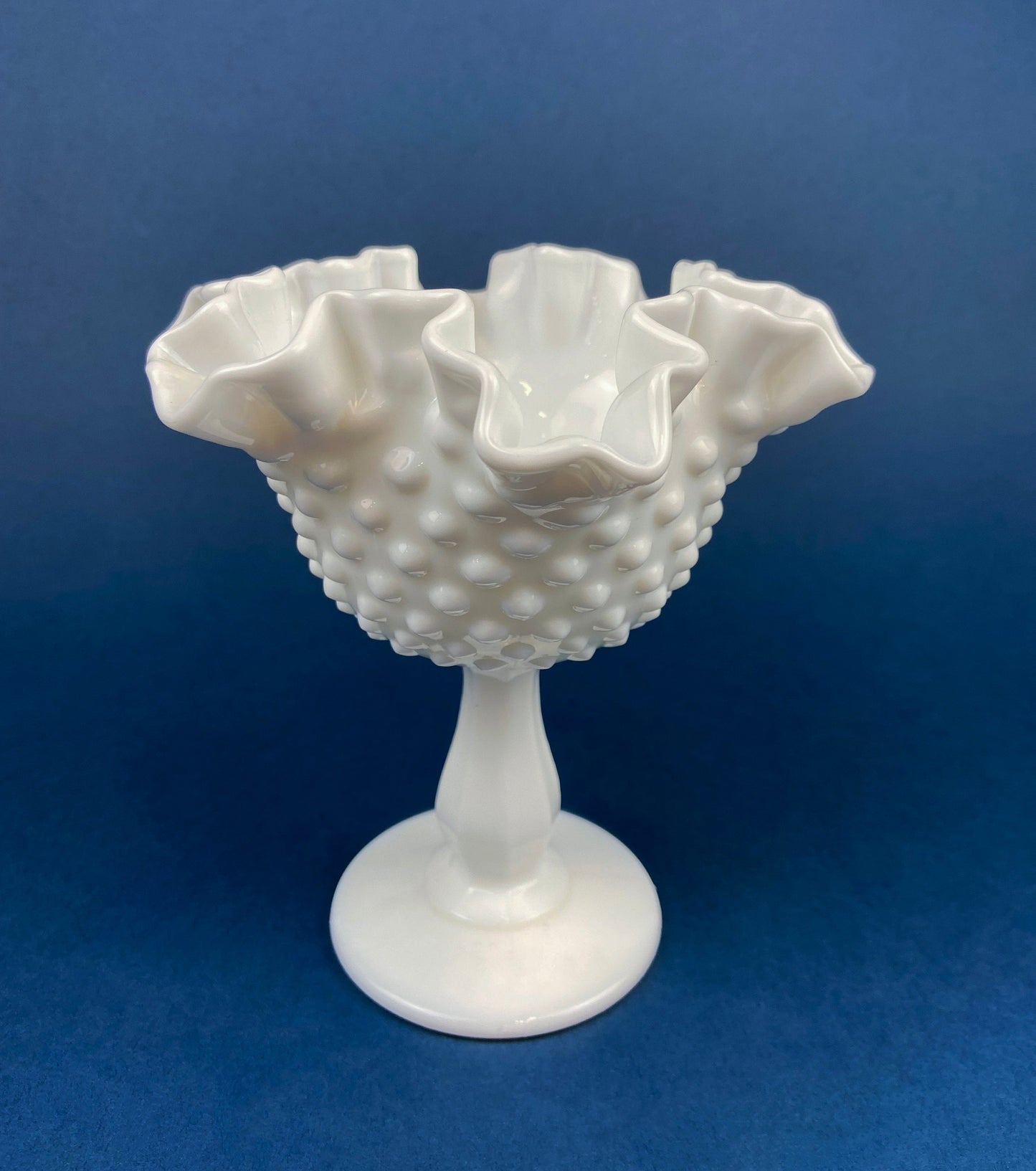 Fenton Milk Glass Compote. White, Footed, Hobnail Bowl with Scalloped and Ruffled  Rim.