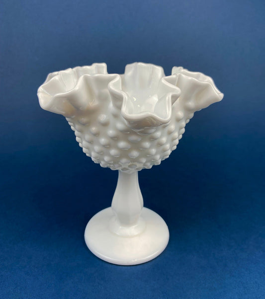 Fenton Milk Glass Compote. White, Footed, Hobnail Bowl with Scalloped and Ruffled  Rim.