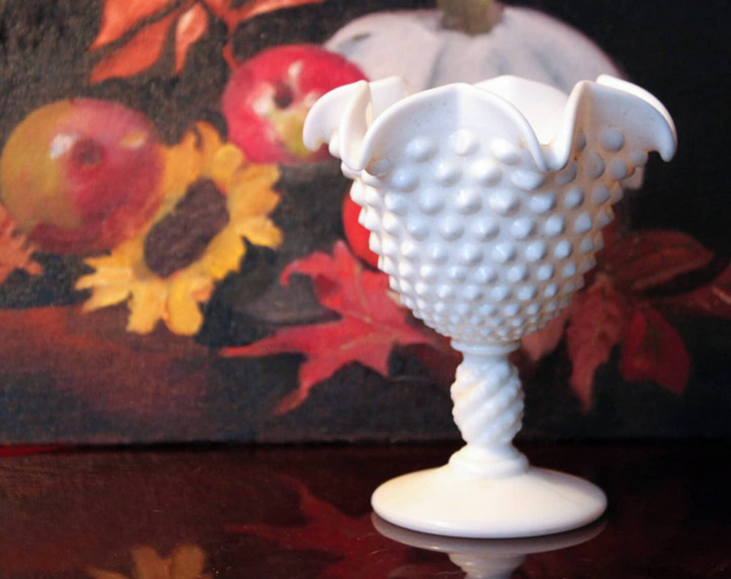 Fenton Milk Glass Compote. White, Footed, Hobnail Bowl with Scalloped and Ruffled  Rim.