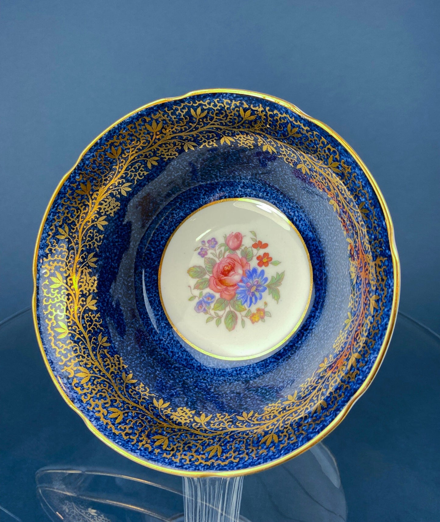 Vintage Aynsley Creamer and Sugar Bowl.  Blue and Gold, with Hand Painted Bouquet of Flowers. Fine Bone China.